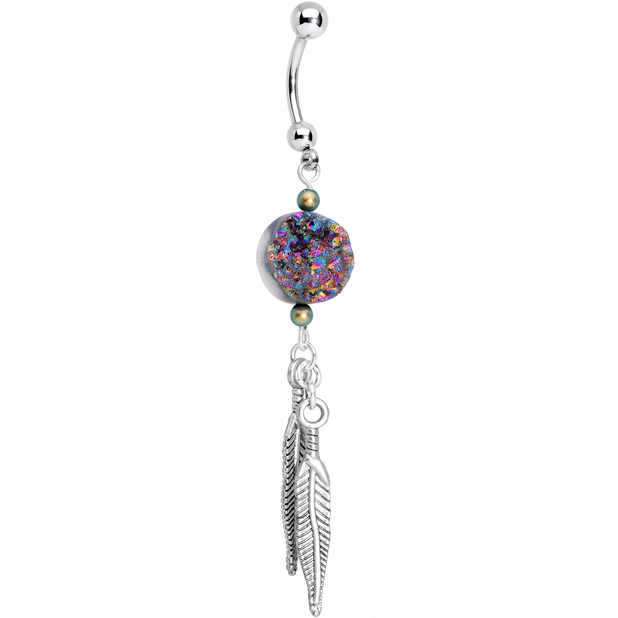 Druzy Quartz Feather Belly Ring Created with Crystals
