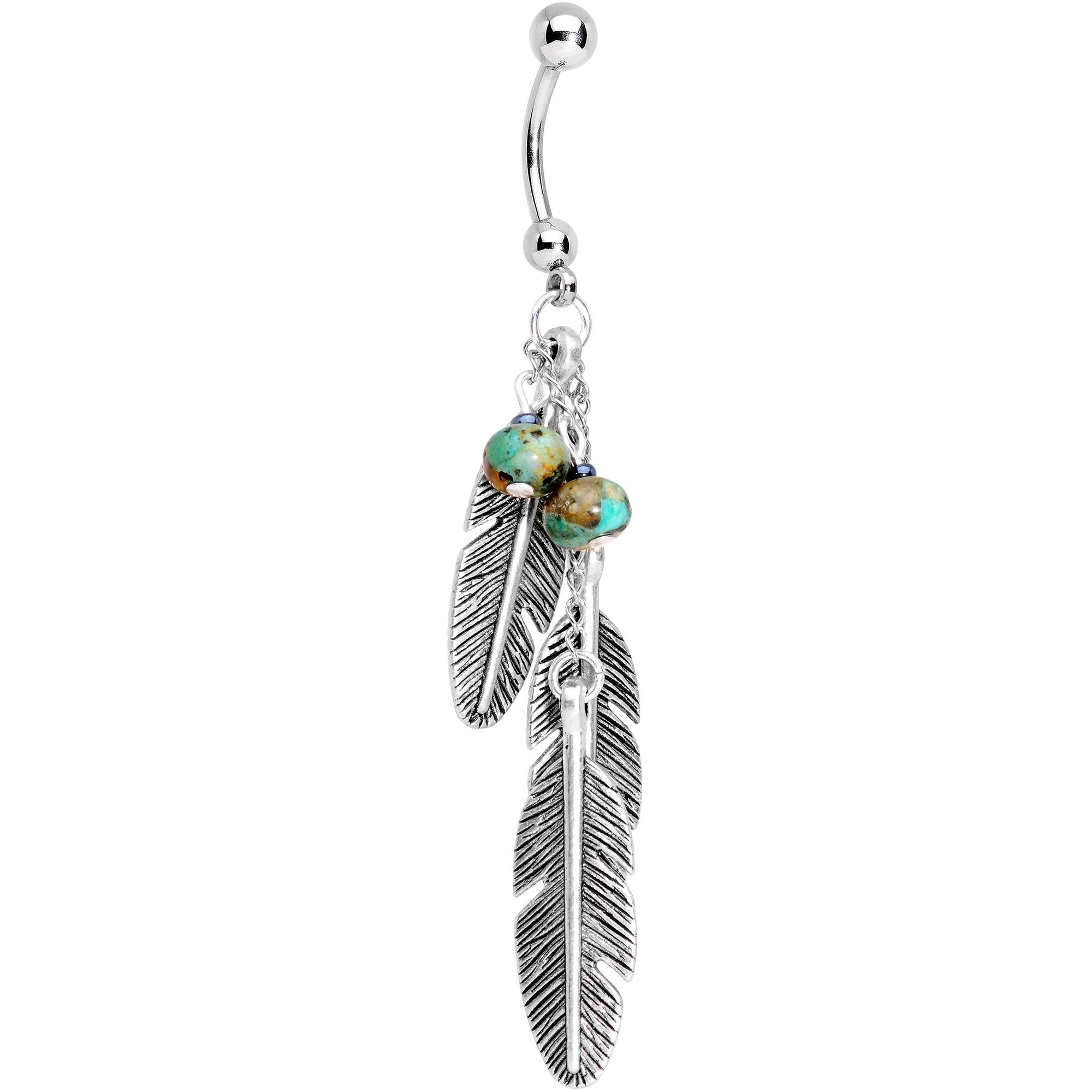 Handcrafted African Turquoise Triple Feather Dangle Belly Ring