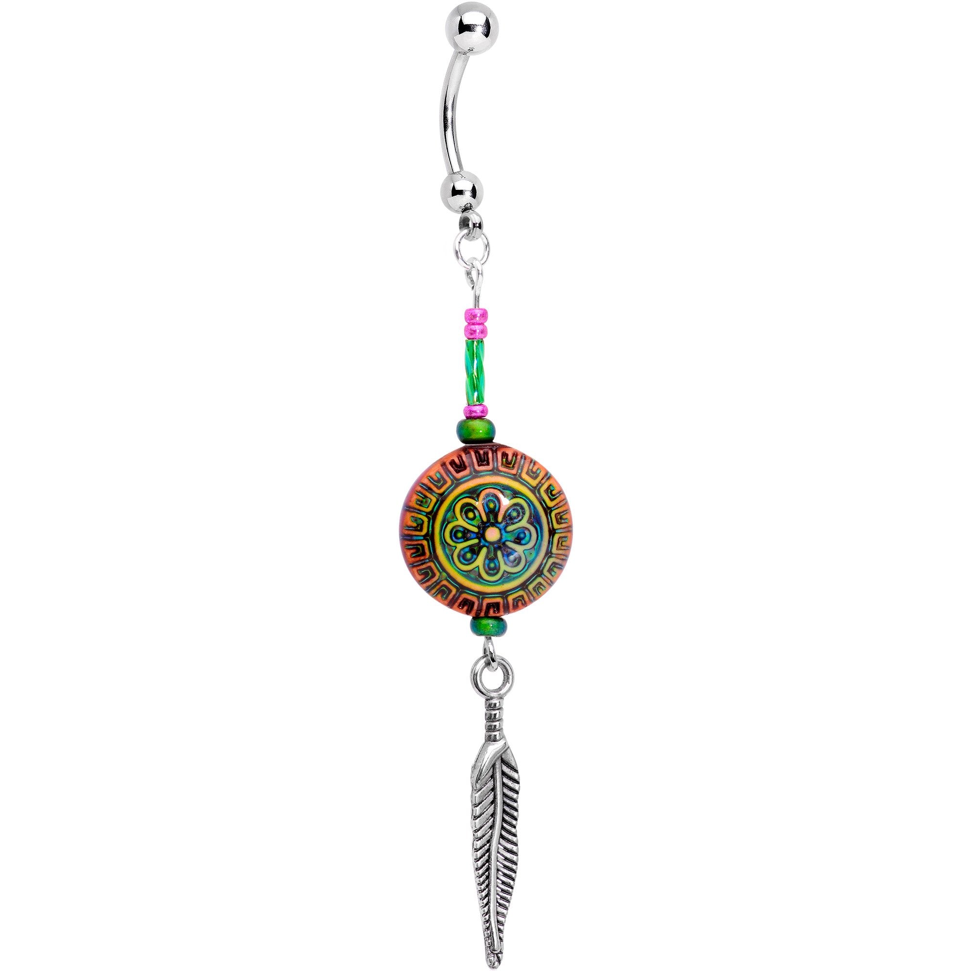 Handcrafted Hippie Hangout Mood Bead Feather Dangle Belly Ring