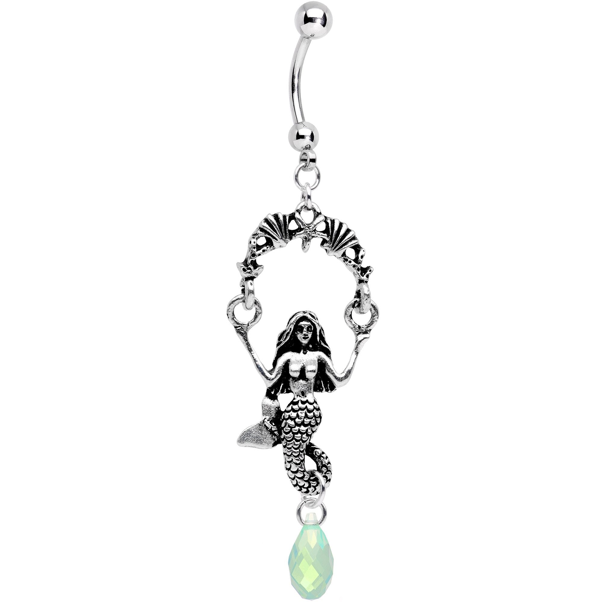 Handcrafted Mermaid Dangle Belly Ring Created with Crystals