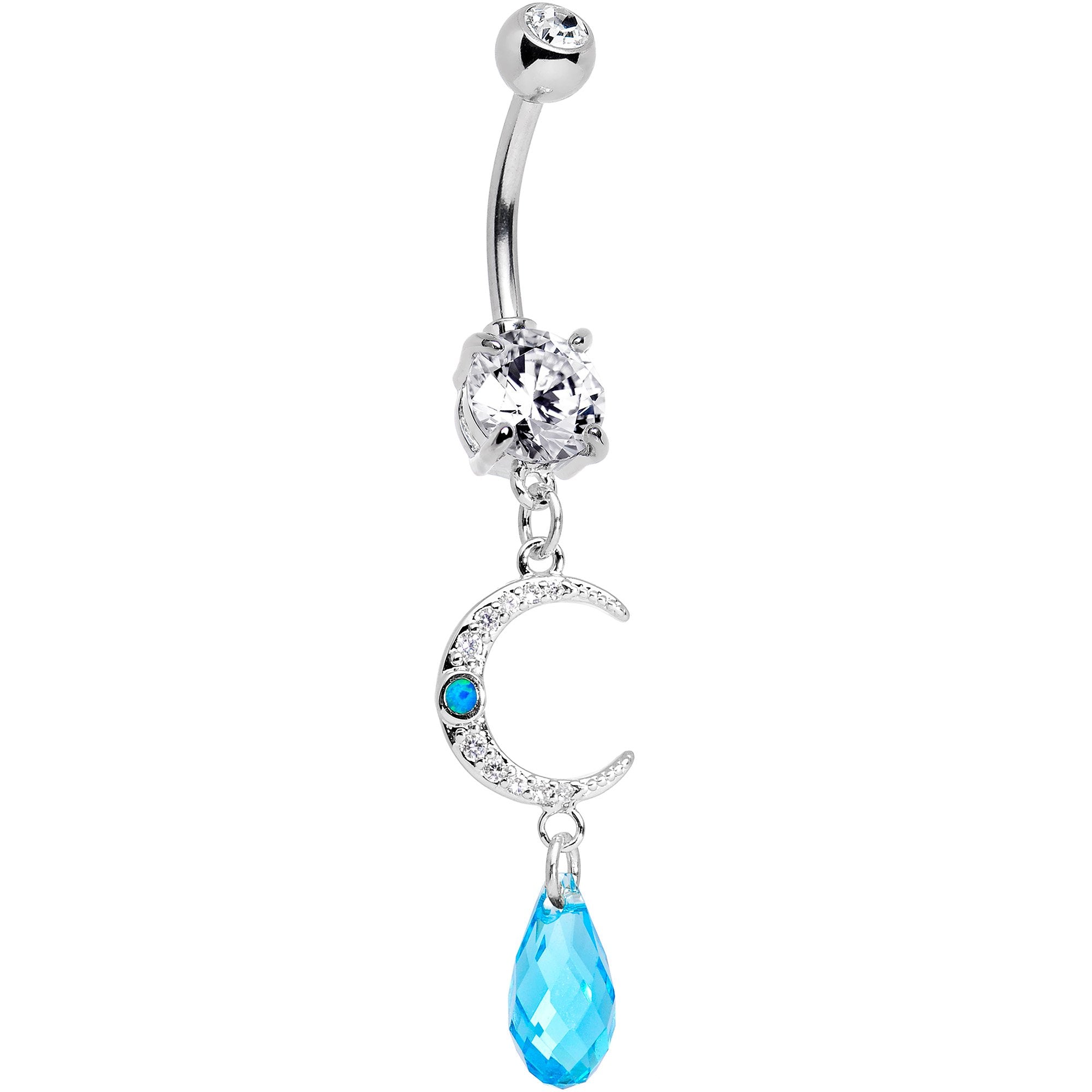 Handcrafted Clear Blue Gem Crescent Moon Dangle Belly Ring