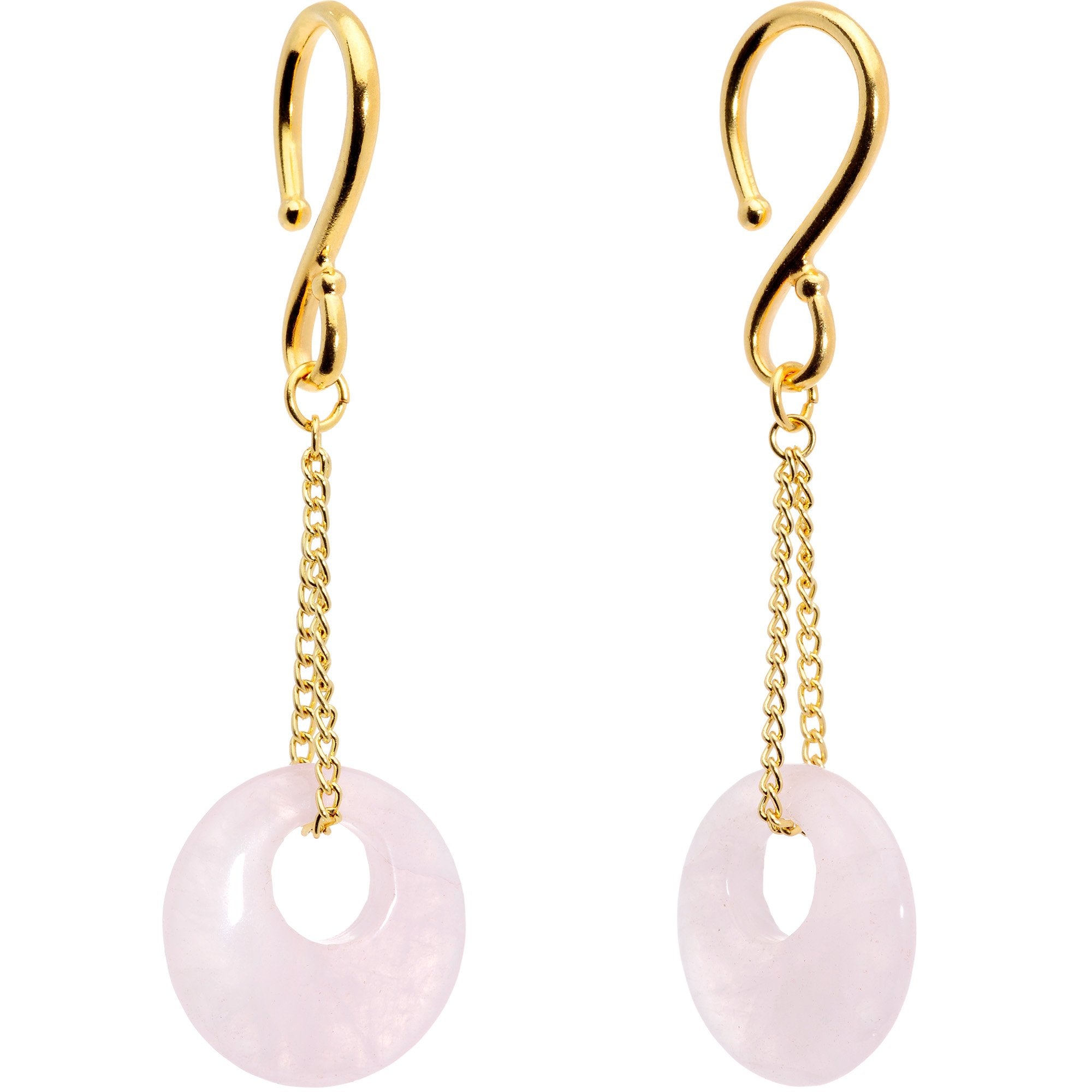 Handcrafted Gold Tone Pink Rose Flower Quartz Donut Chain Ear Weights
