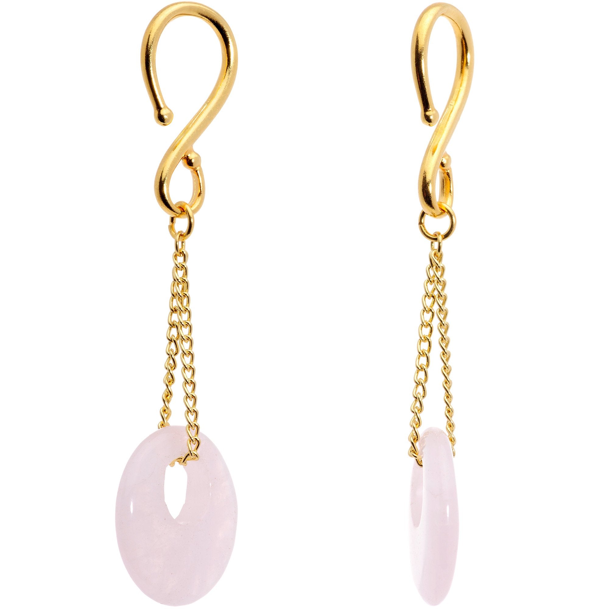 Handcrafted Gold Tone Pink Rose Flower Quartz Donut Chain Ear Weights