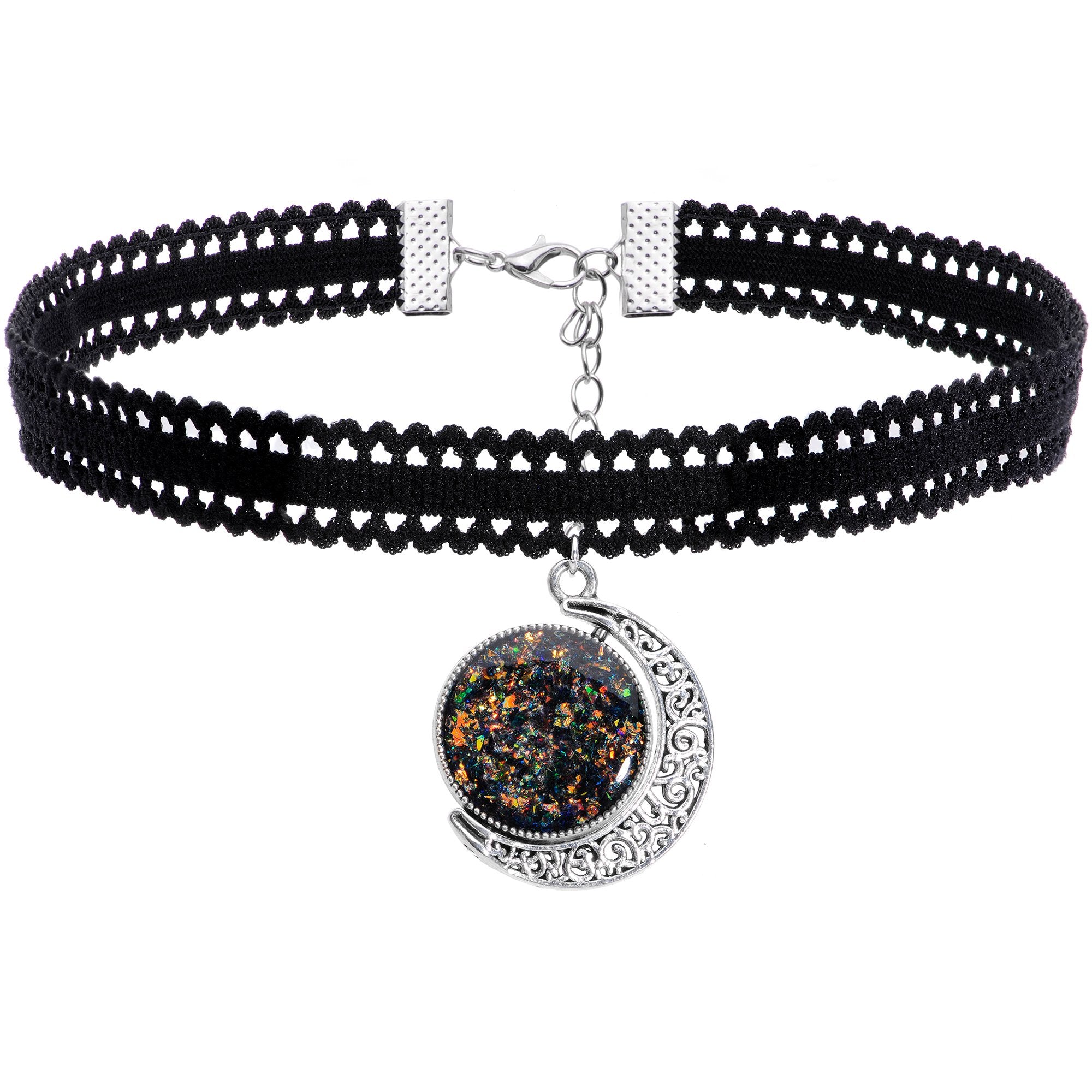 Handcrafted Black White Two Sided Faux Opal Moon Choker Necklace
