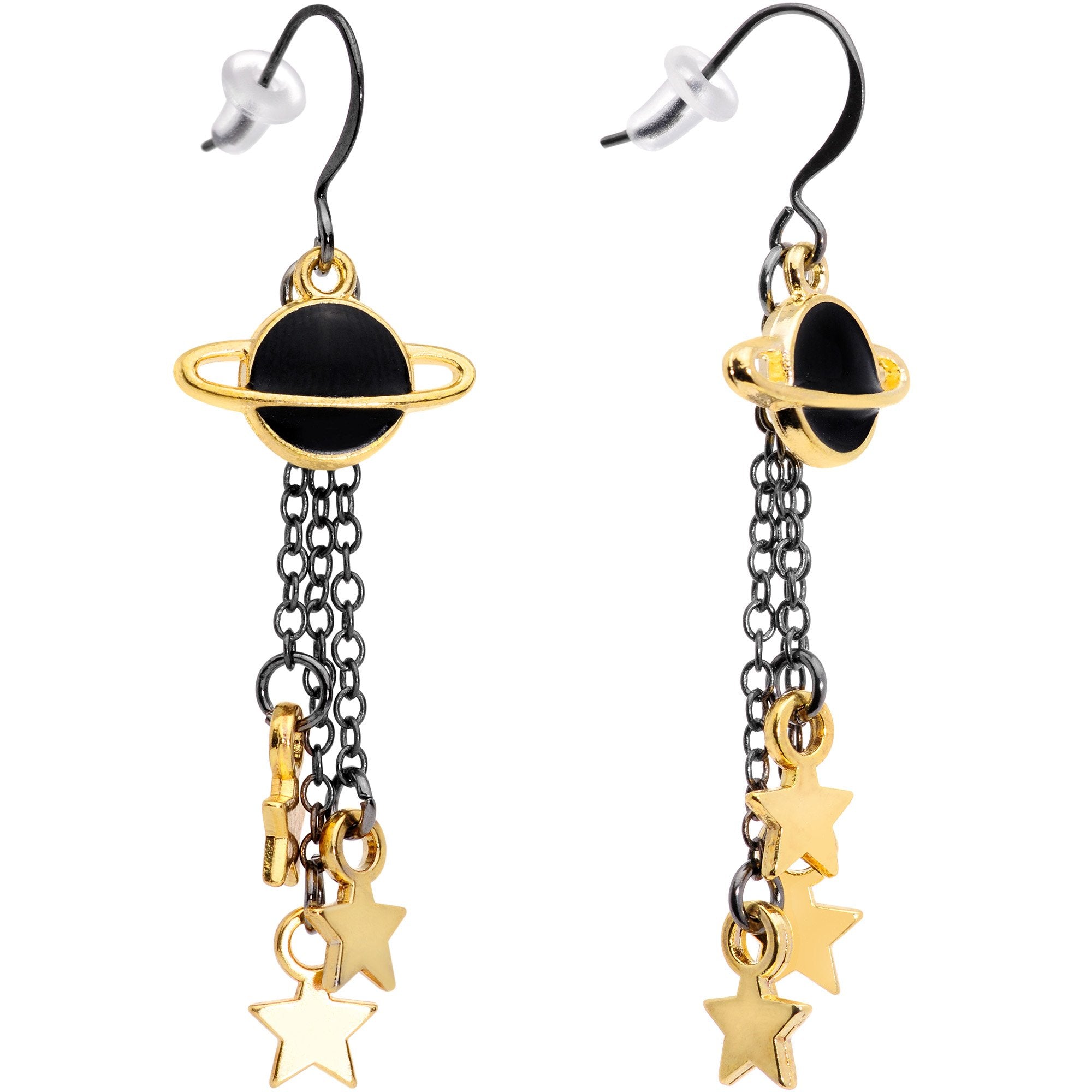 Handcrafted Black Gold Spaced Out Star Saturn Fishhook Dangle Earrings