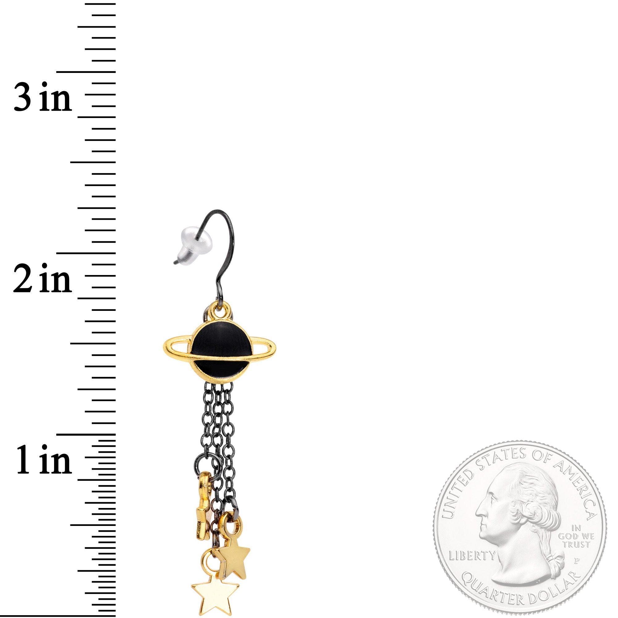 Handcrafted Black Gold Spaced Out Star Saturn Fishhook Dangle Earrings