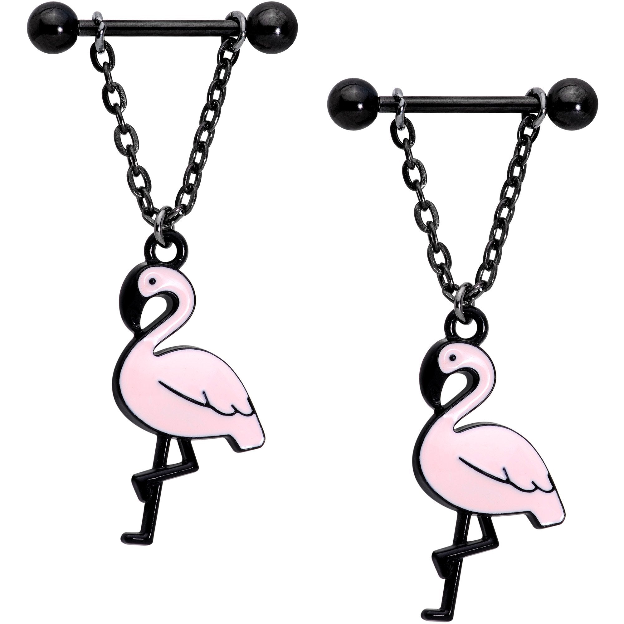 Handcrafted Black Pink Flamingo Dangle Barbell Nipple Ring Set