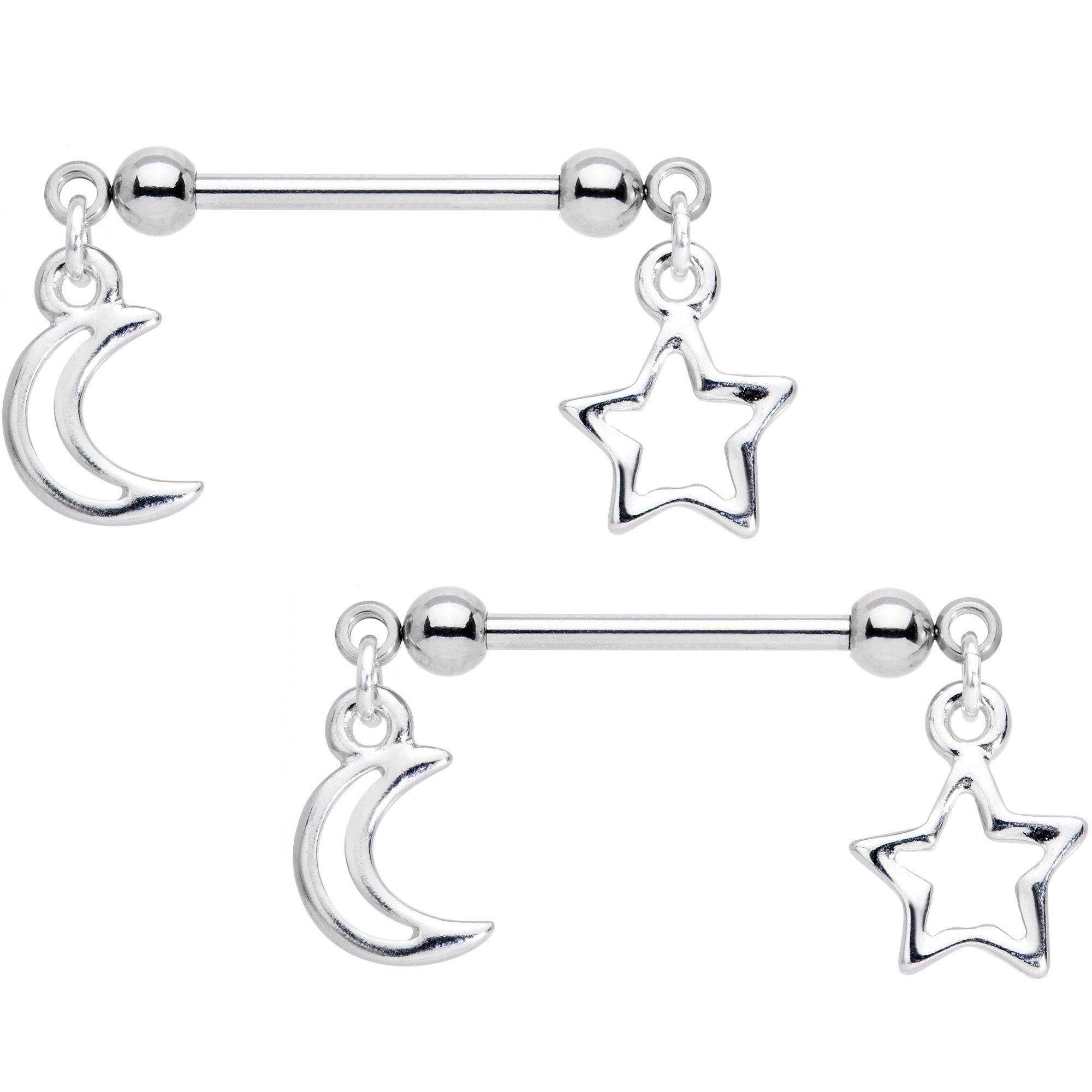 14 Gauge 5/8 Handcrafted Moon Star Dangle Barbell Nipple Ring Set