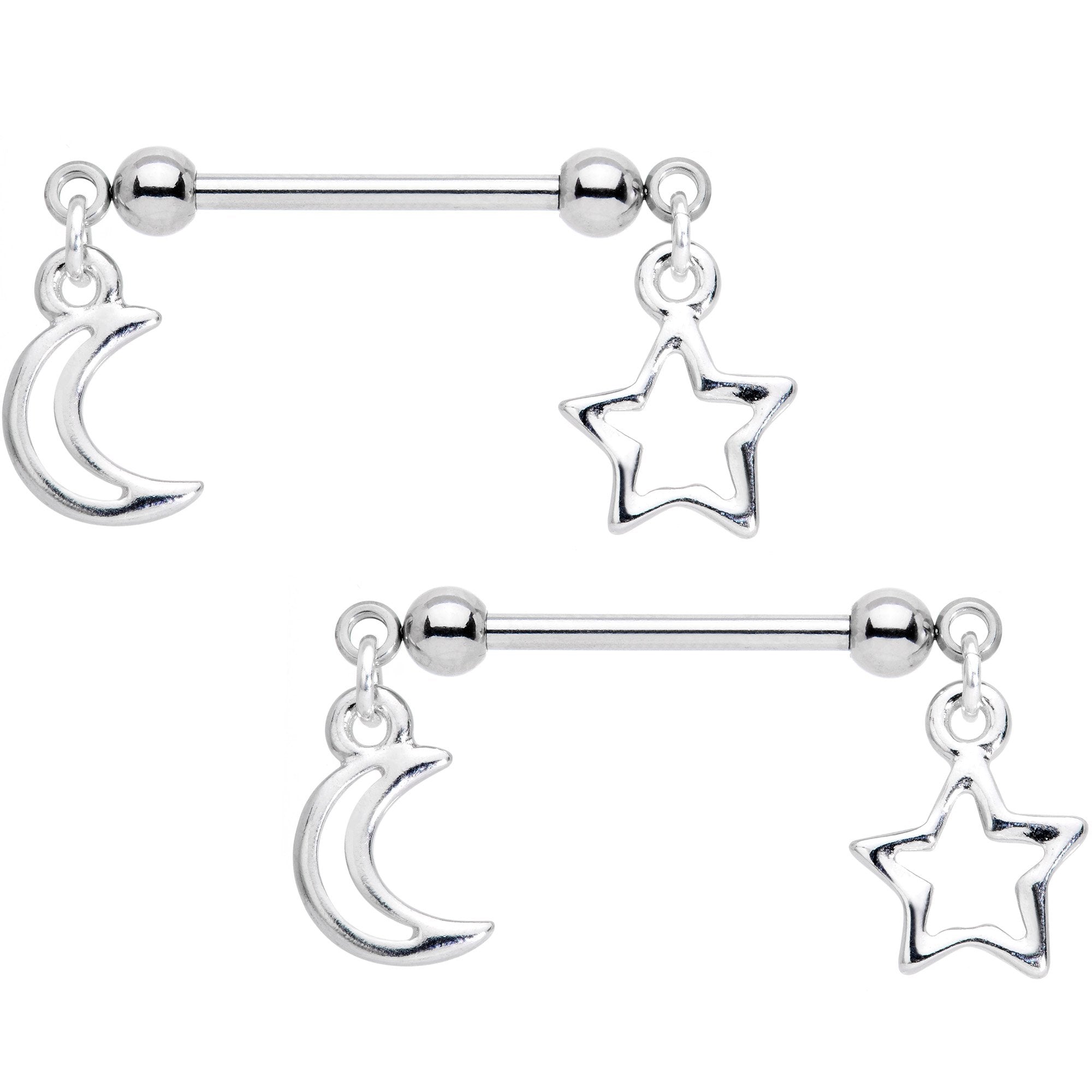 14G 5/8 Handcrafted Moon Star Dangle Barbell Nipple Ring Set