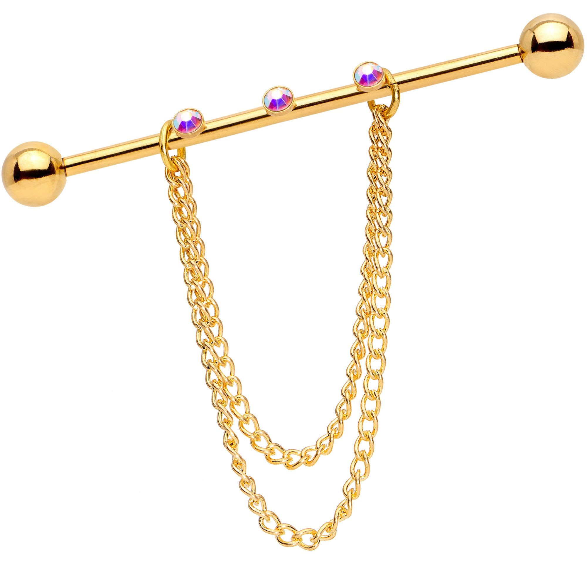 14G Handmade Aurora Gem Gold Tone Chain Dangle Industrial Barbell