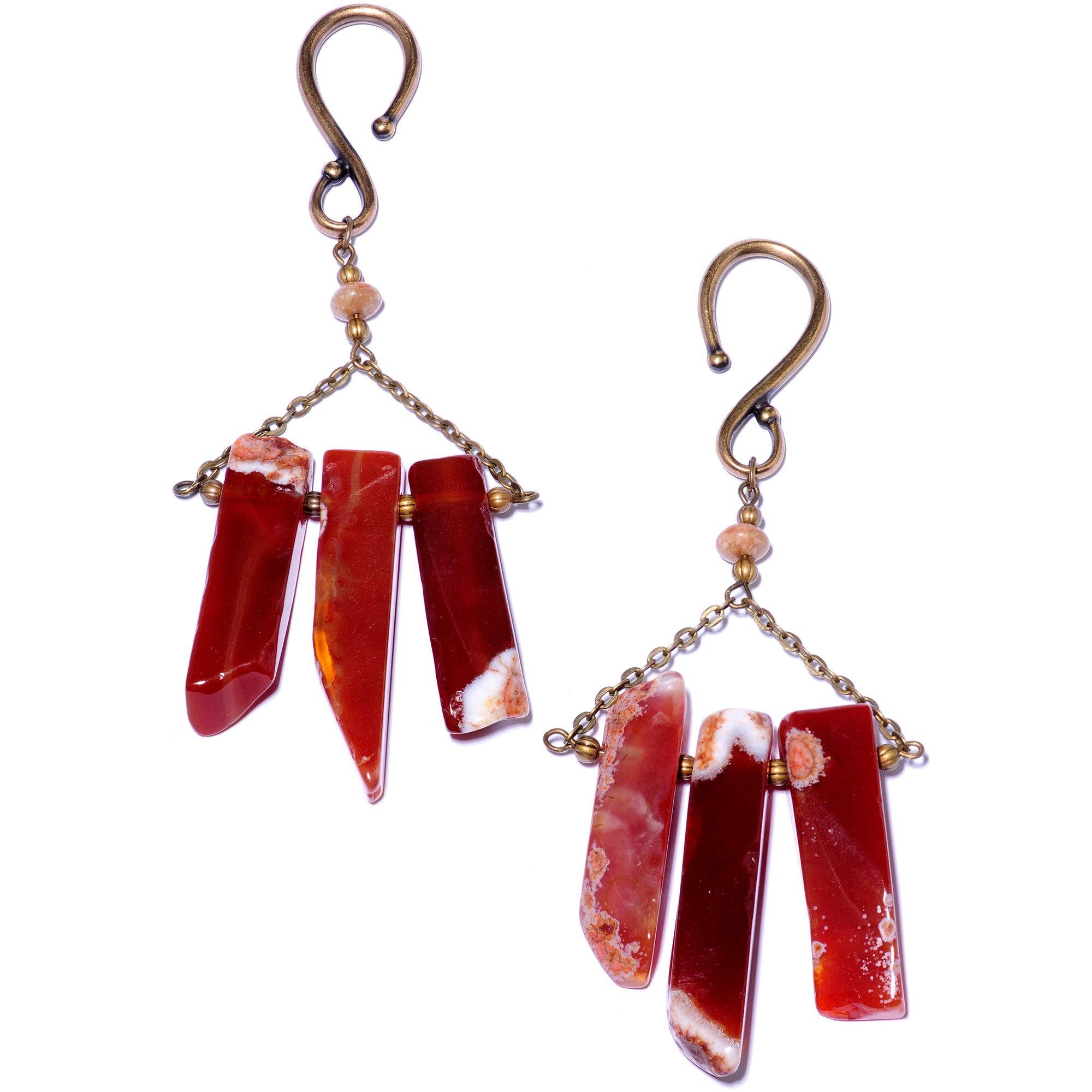 Handcrafted Brass Plated Autumn Red Carnelian Stone Ear Weights