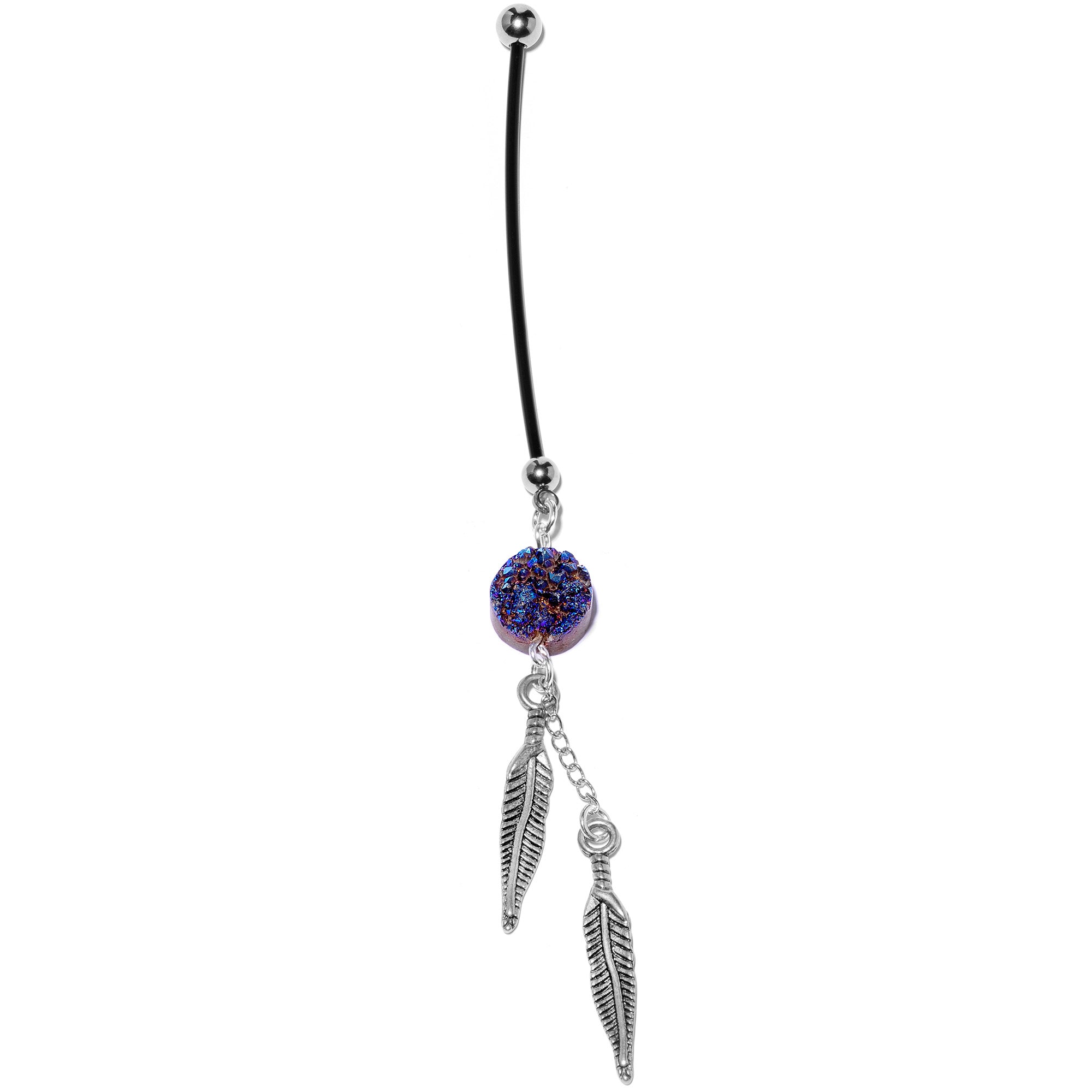 Handcrafted Blue Druzy Quartz Feathers Dangle Pregnancy Belly Ring