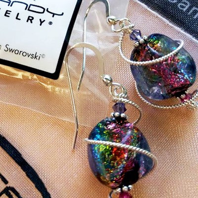 925 Silver Spiral Dichroic Glass Earrings Created with Crystals