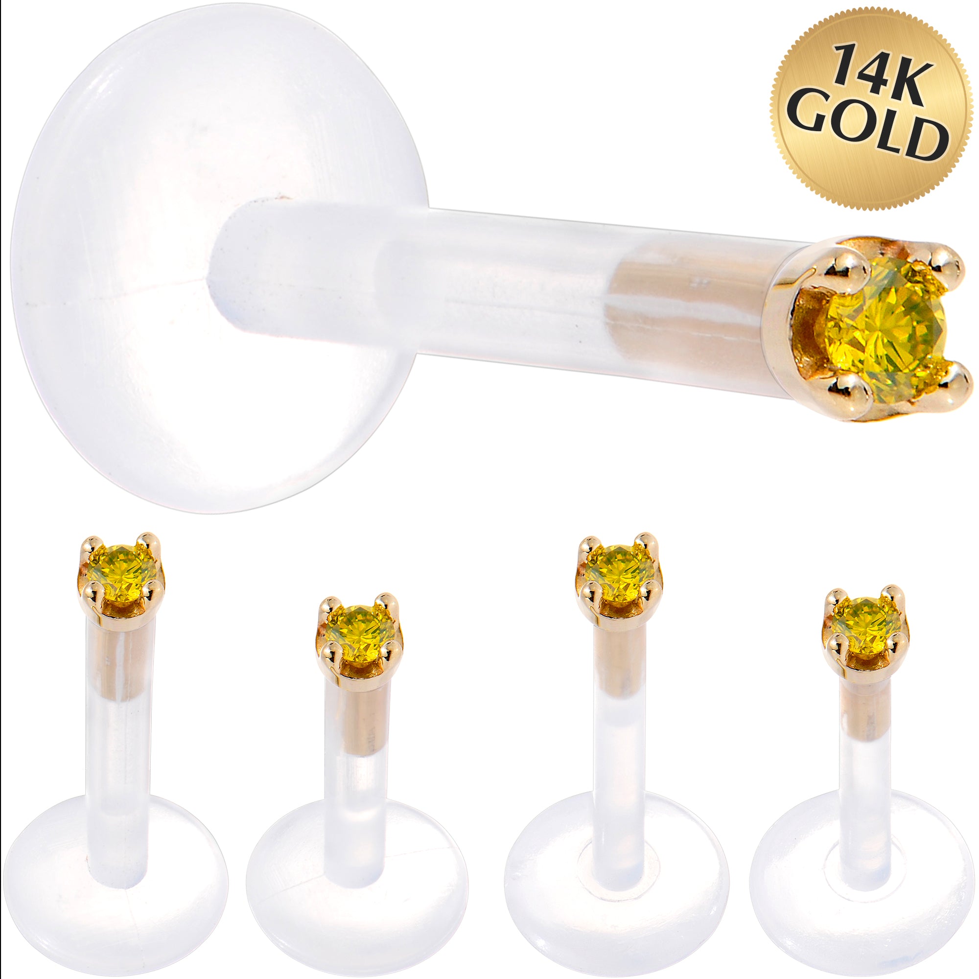 Solid 14KT Yellow Gold 1.5mm Genuine Yellow Diamond Bioplast Push in Labret