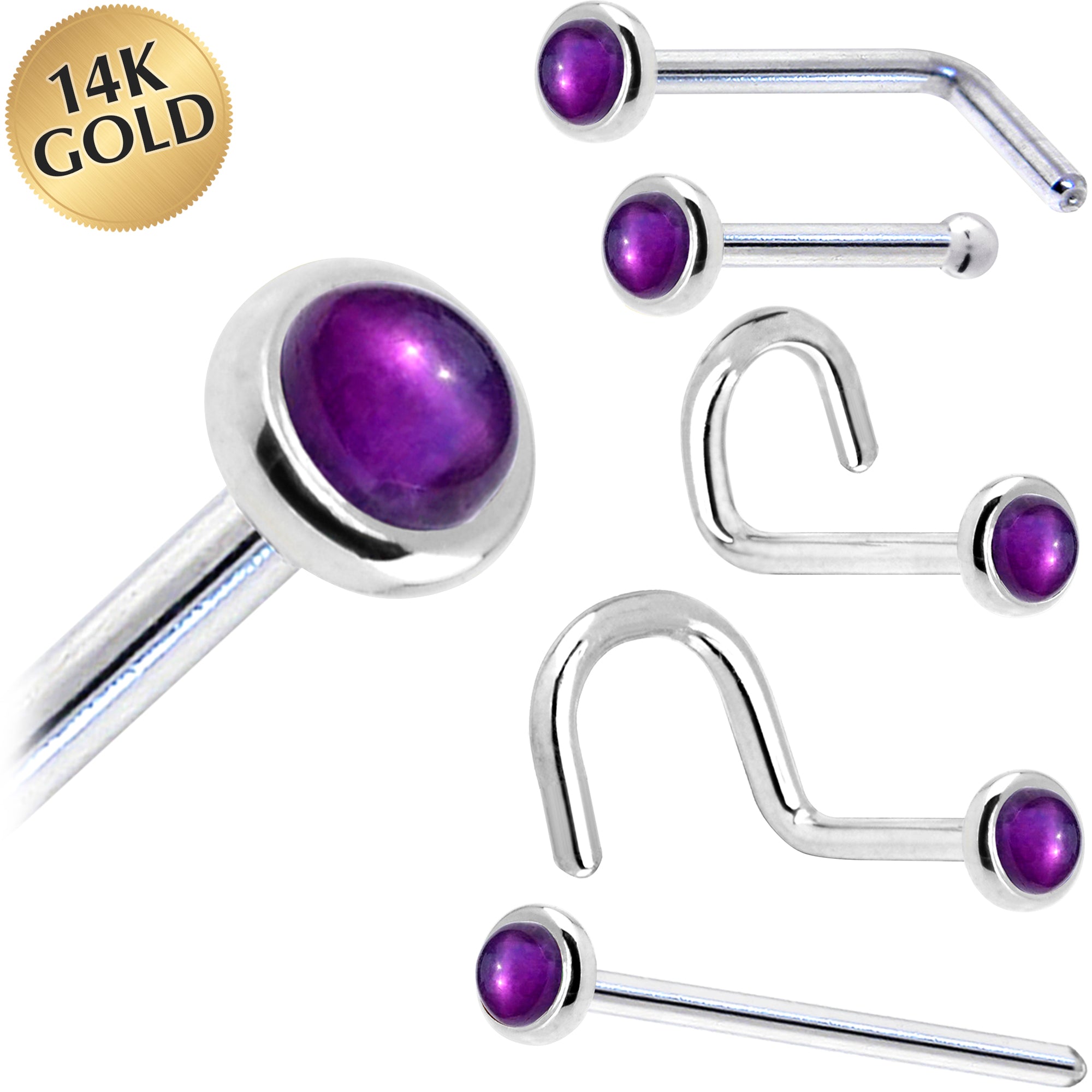 Solid 14KT White Gold February 2mm Genuine Amethyst Nose Ring 18 Gauge