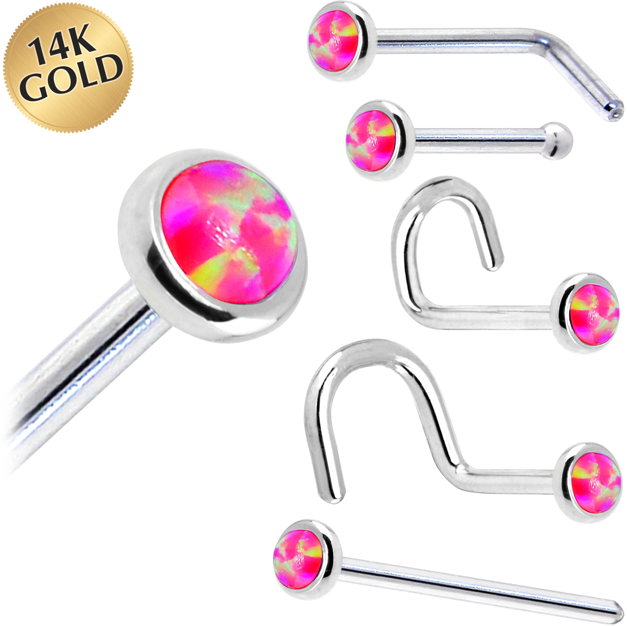 Solid 14KT White Gold 2mm Brilliant Pink Synthetic Opal Nose Ring 18 Gauge Nose Bone