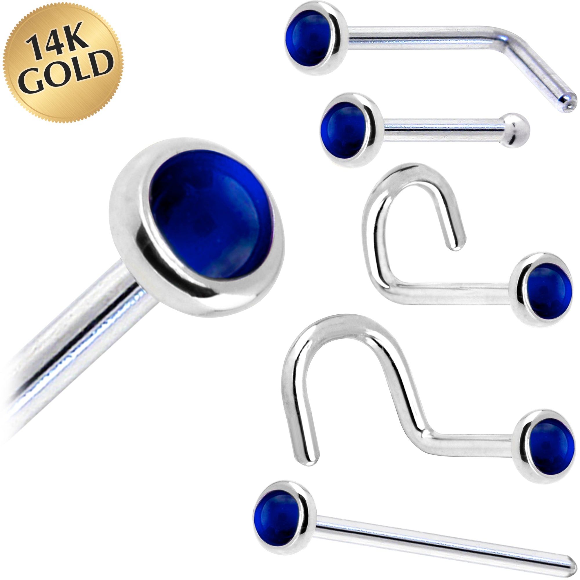 Solid 14KT White Gold September 2mm Genuine Sapphire Nose Ring Nose Bone