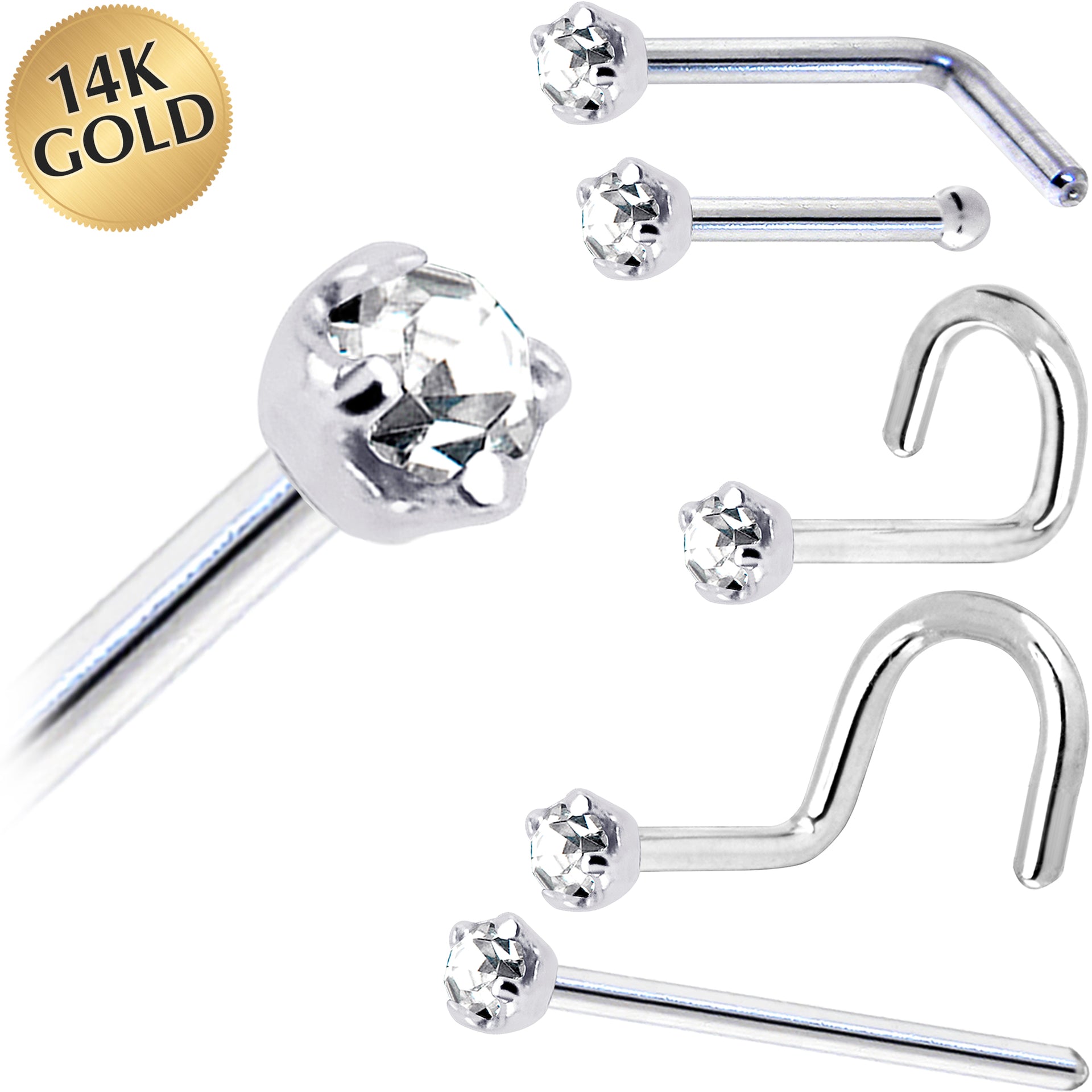 Solid 14KT White Gold 2mm Clear Cubic Zirconia Nose Ring 18 Gauge