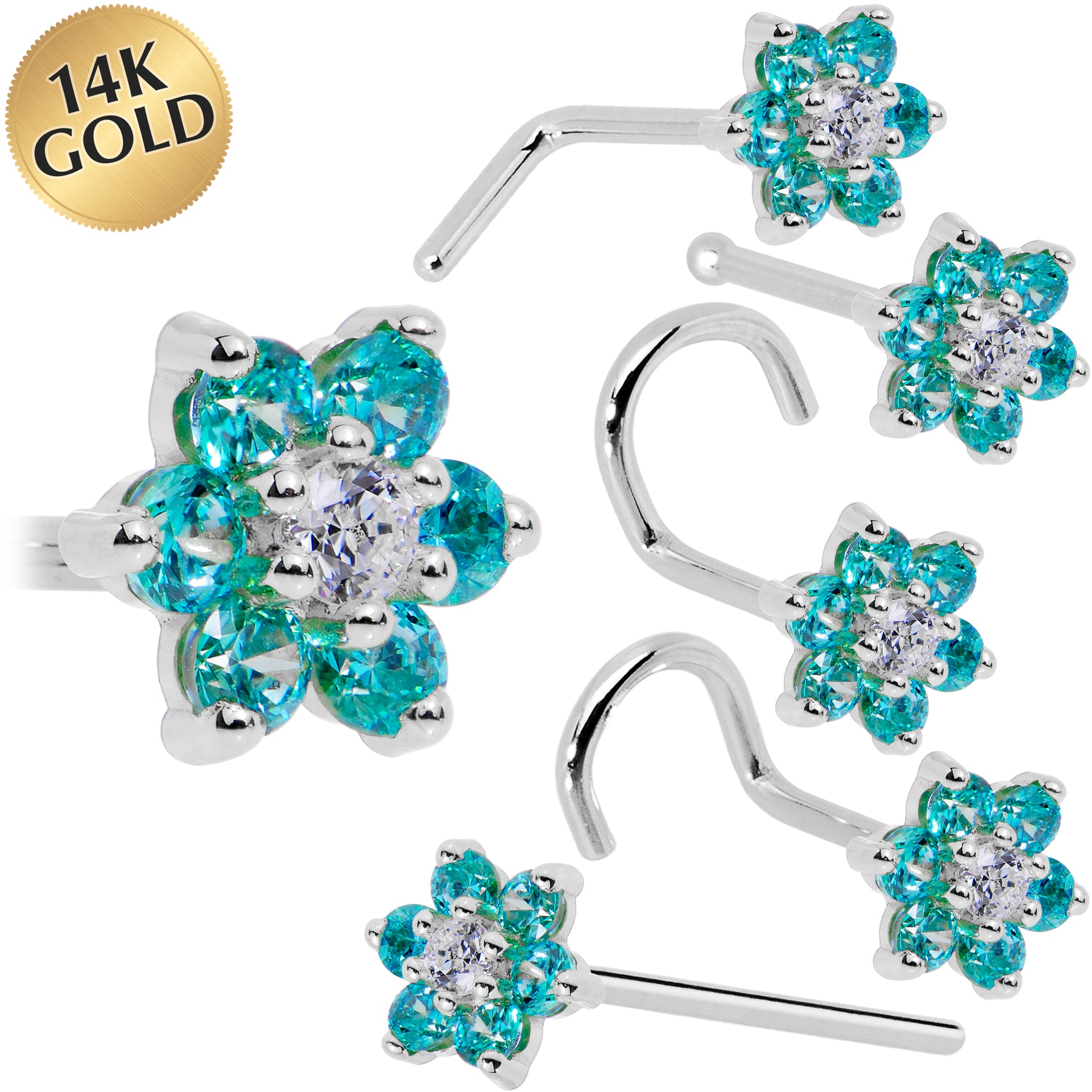 Solid 14KT White Gold Mint Green and Clear Cubic Zirconia Flower Nose Ring 18 Gauge