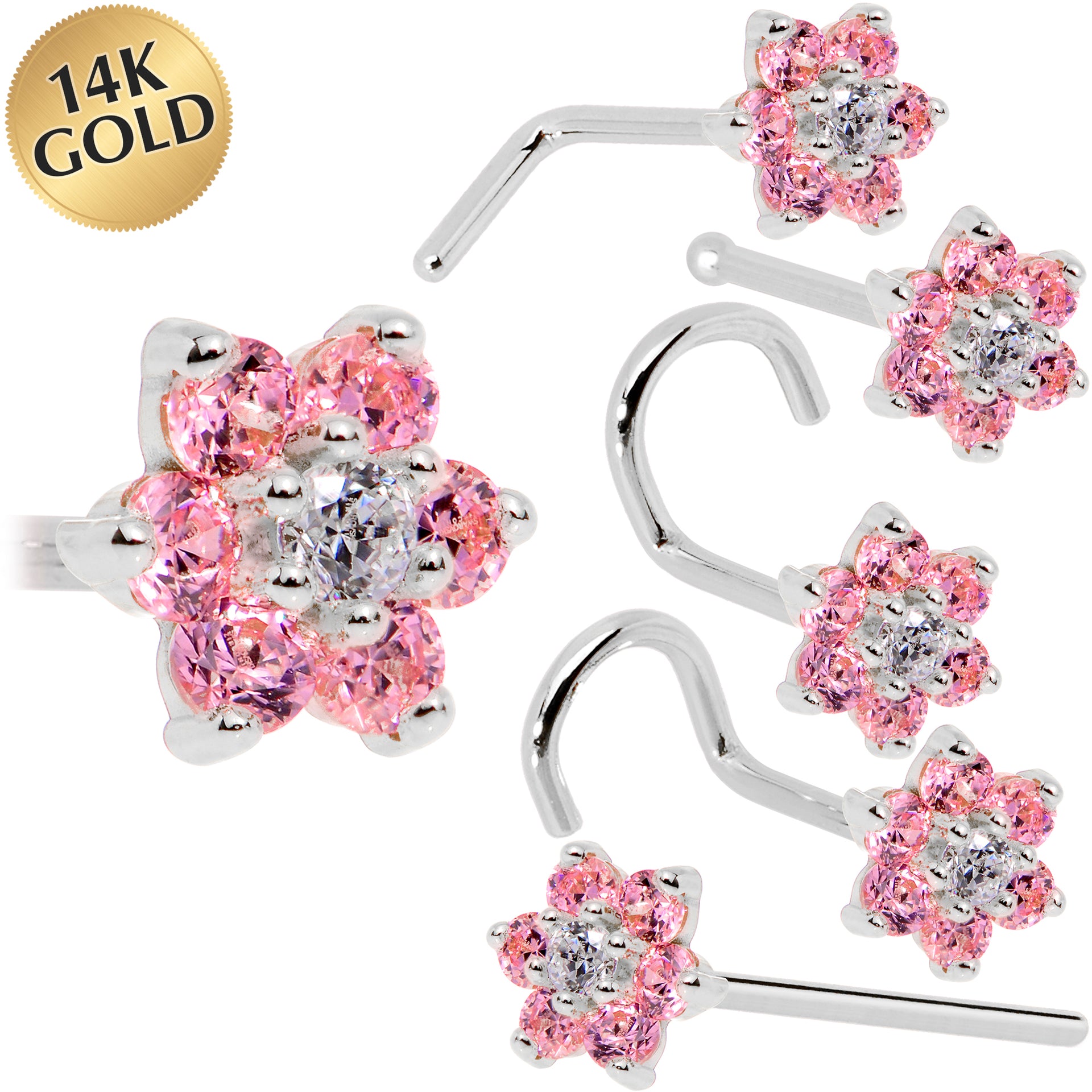 Solid 14KT White Gold Pink Clear Cubic Zirconia Flower Nose Ring 18 Gauge