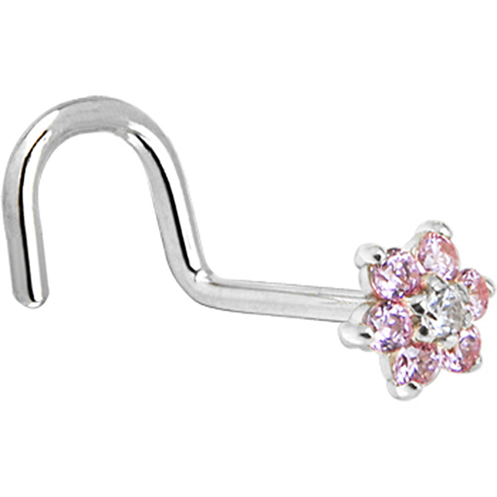 Solid 14KT White Gold Pink Clear Cubic Zirconia Flower Nose Ring 20 Gauge