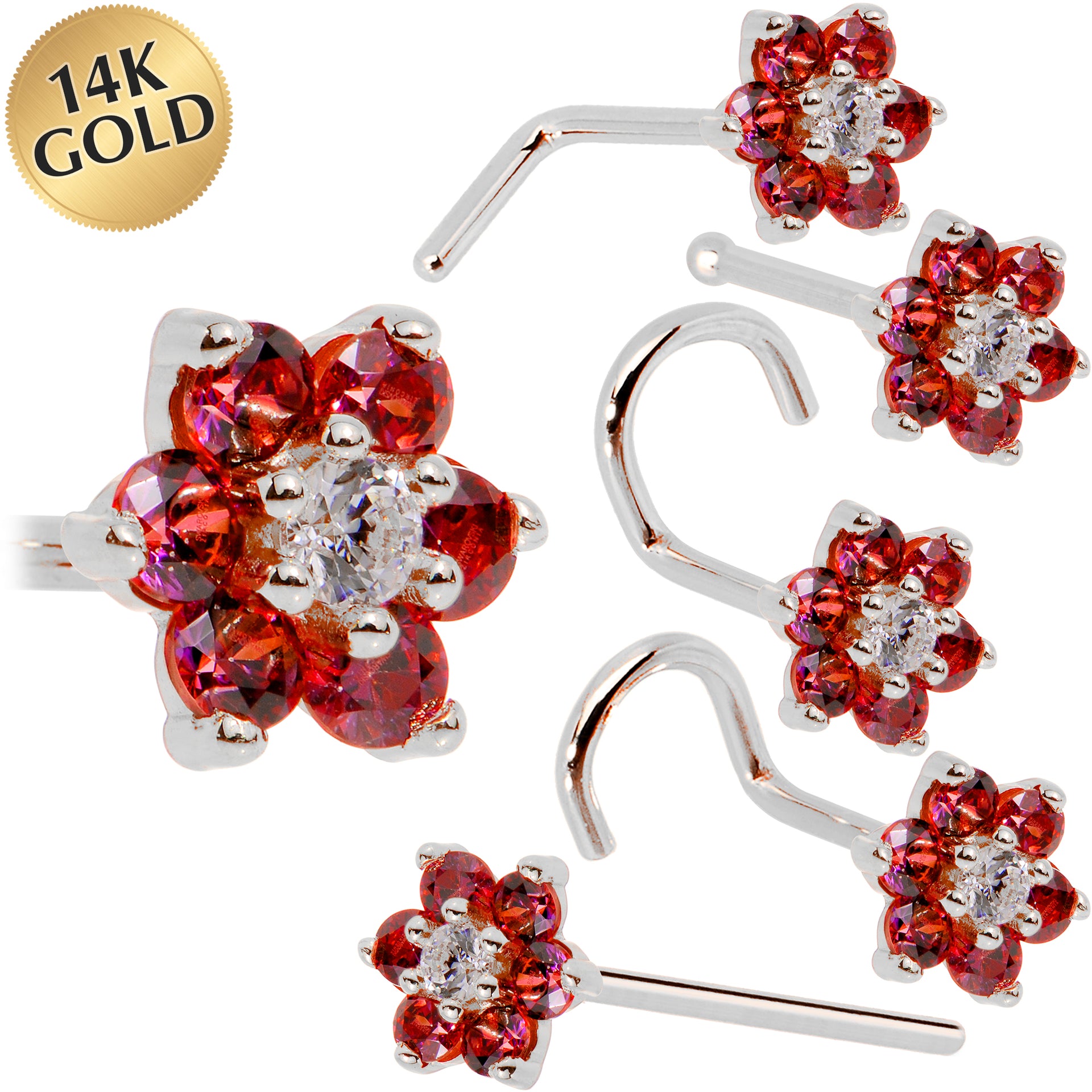 Solid 14KT White Gold Red and Clear Cubic Zirconia Flower Nose Ring 18 Gauge Nose Bone