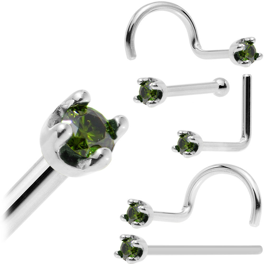 Solid 14KT White Gold (May) 1.5mm Genuine Green Diamond Nose Ring