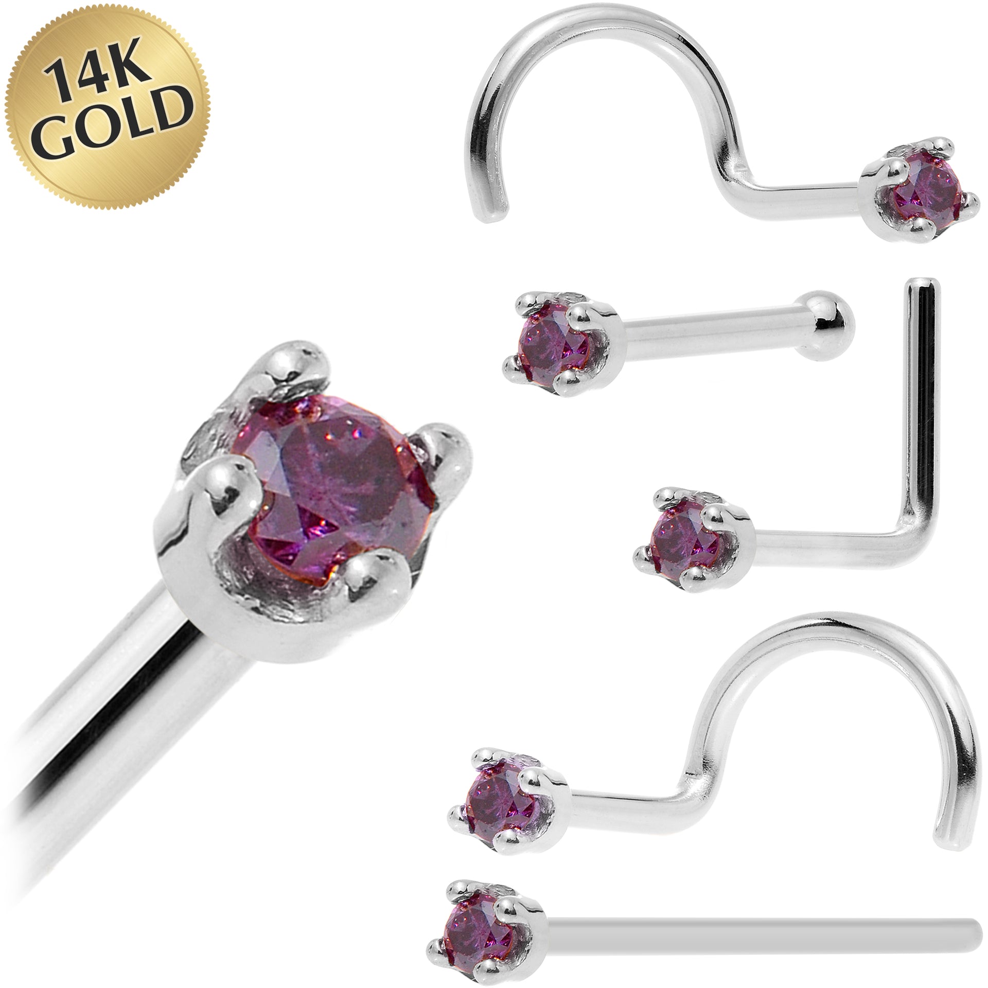 Solid 14KT White Gold February 1.5mm Genuine Purple Diamond Nose Ring Nose Bone
