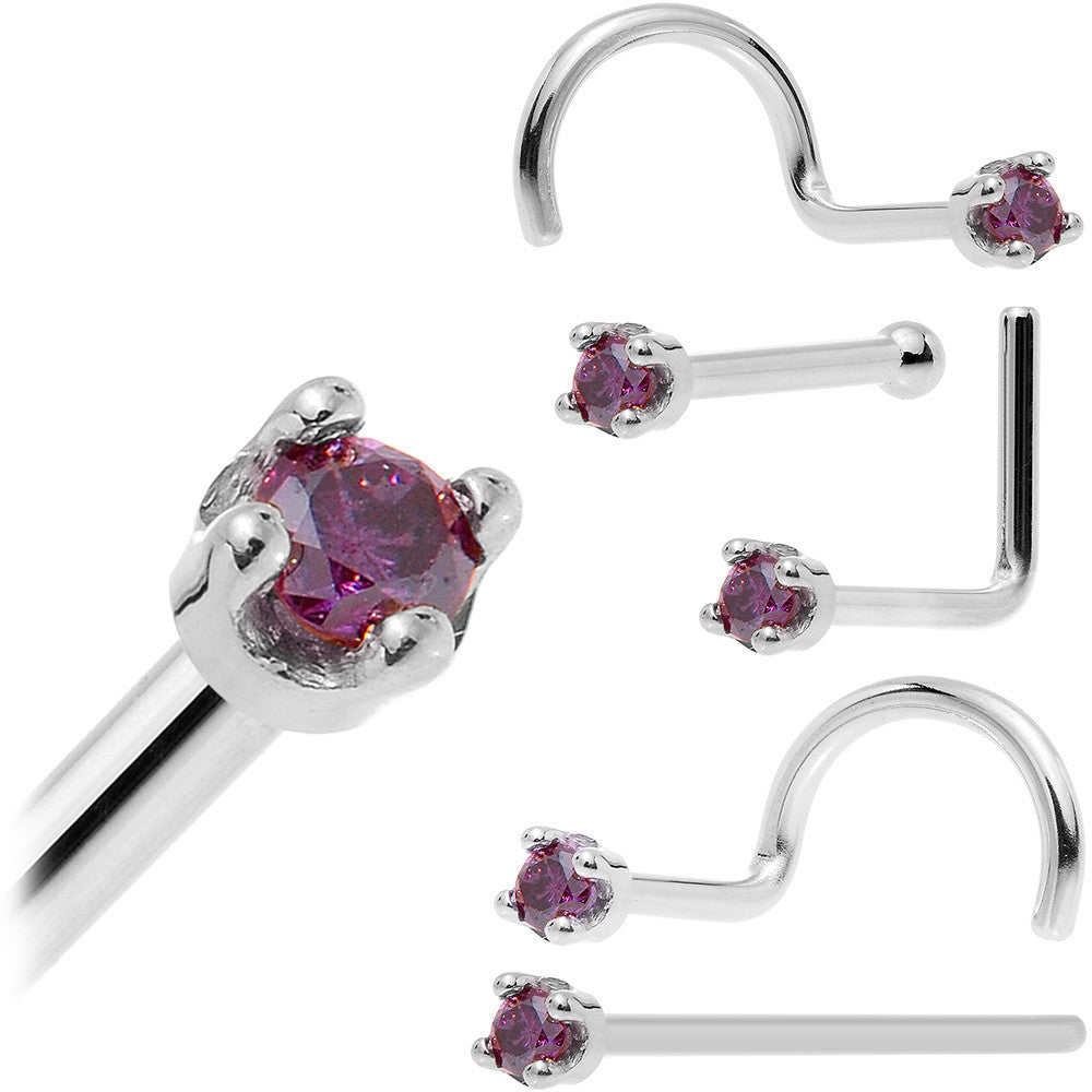 Solid 14KT White Gold (February) 1.5mm Genuine Purple Diamond Nose Ring