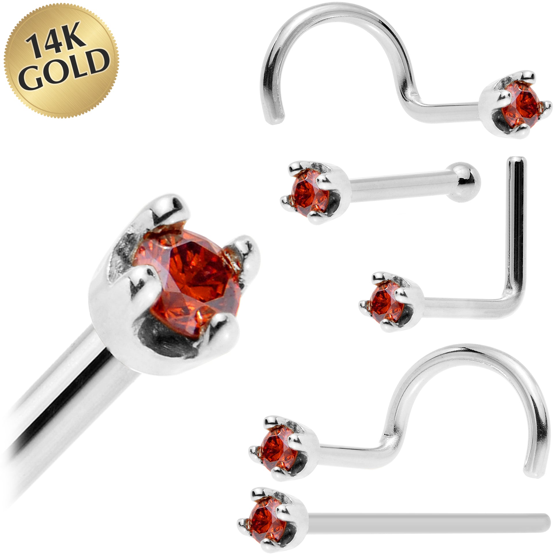 Solid 14KT White Gold January Genuine Red Diamond Nose Ring 18 Gauge