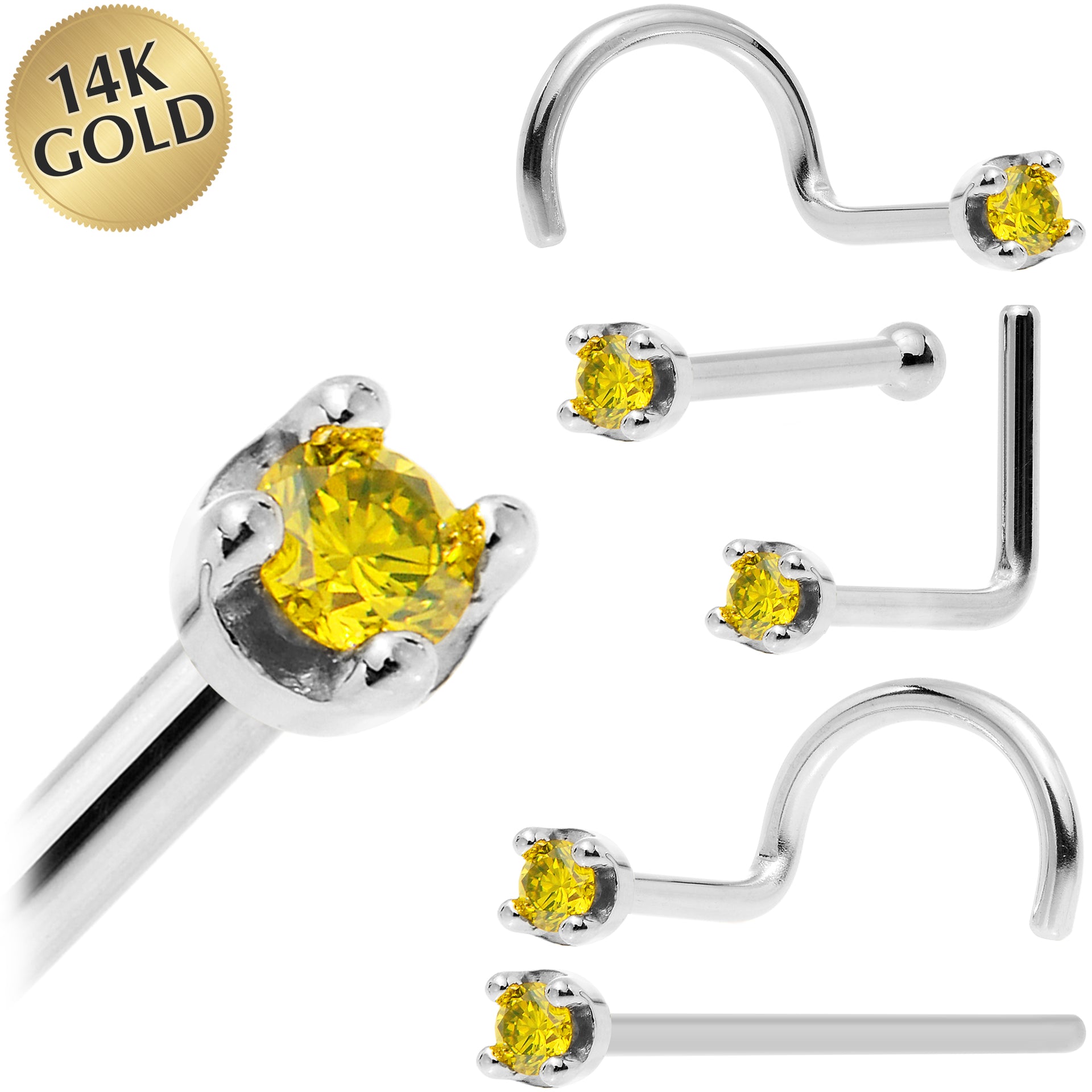 Solid 14KT White Gold November 1.5mm Genuine Yellow Diamond Nose Ring 18 Gauge