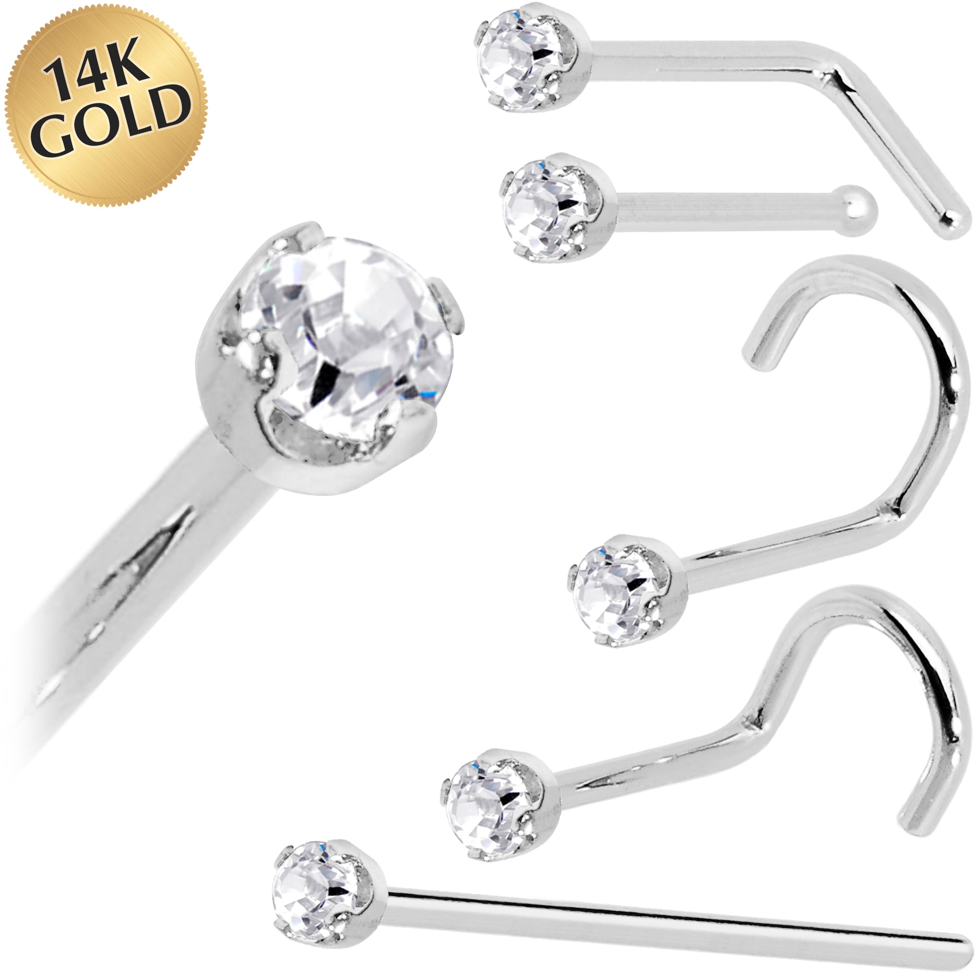 Solid 14KT White Gold (April) 2mm Genuine Diamond Nose Ring