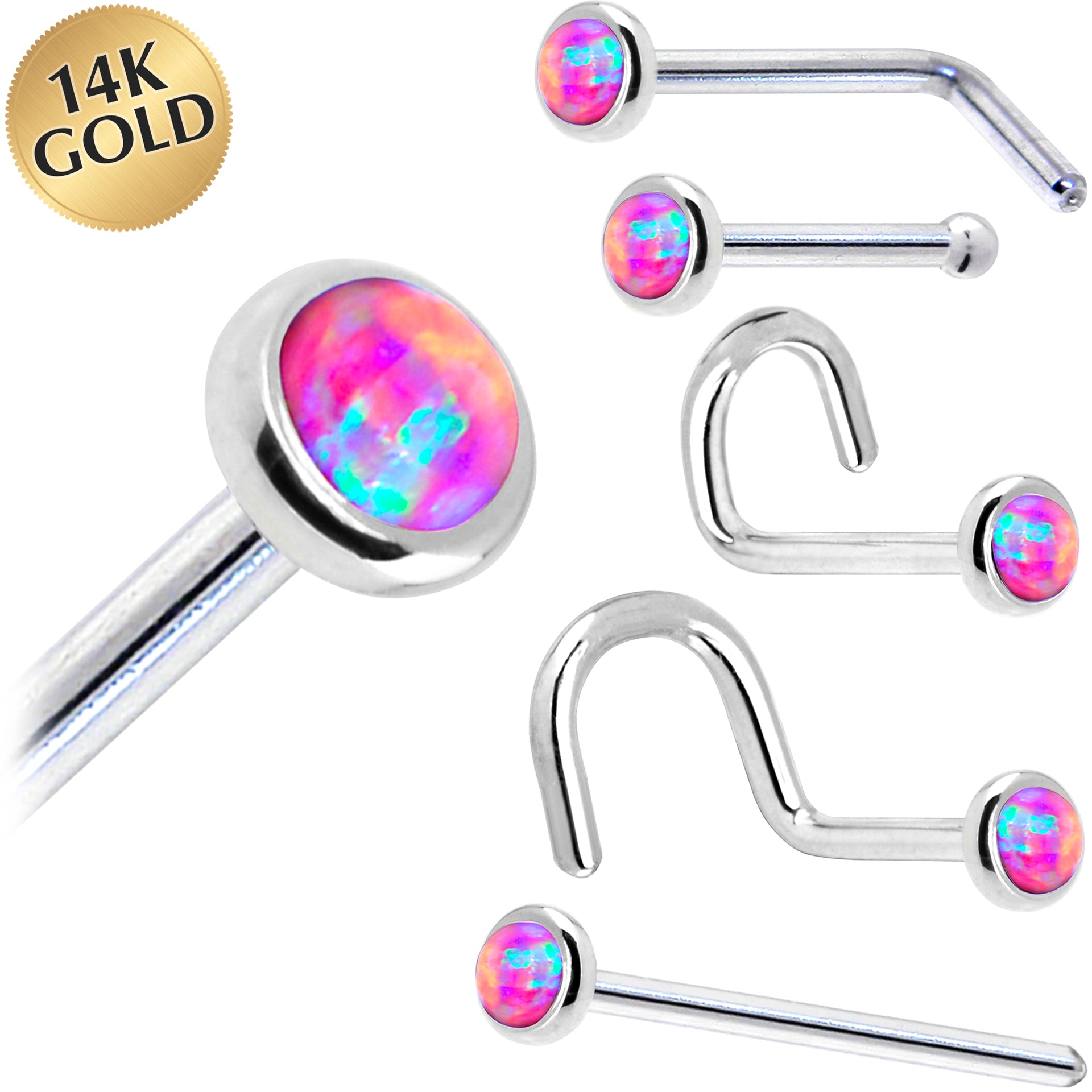 Solid 14KT White Gold 2mm Fuchsia Synthetic Opal Nose Ring in 18 Gauge and 20 Gauge