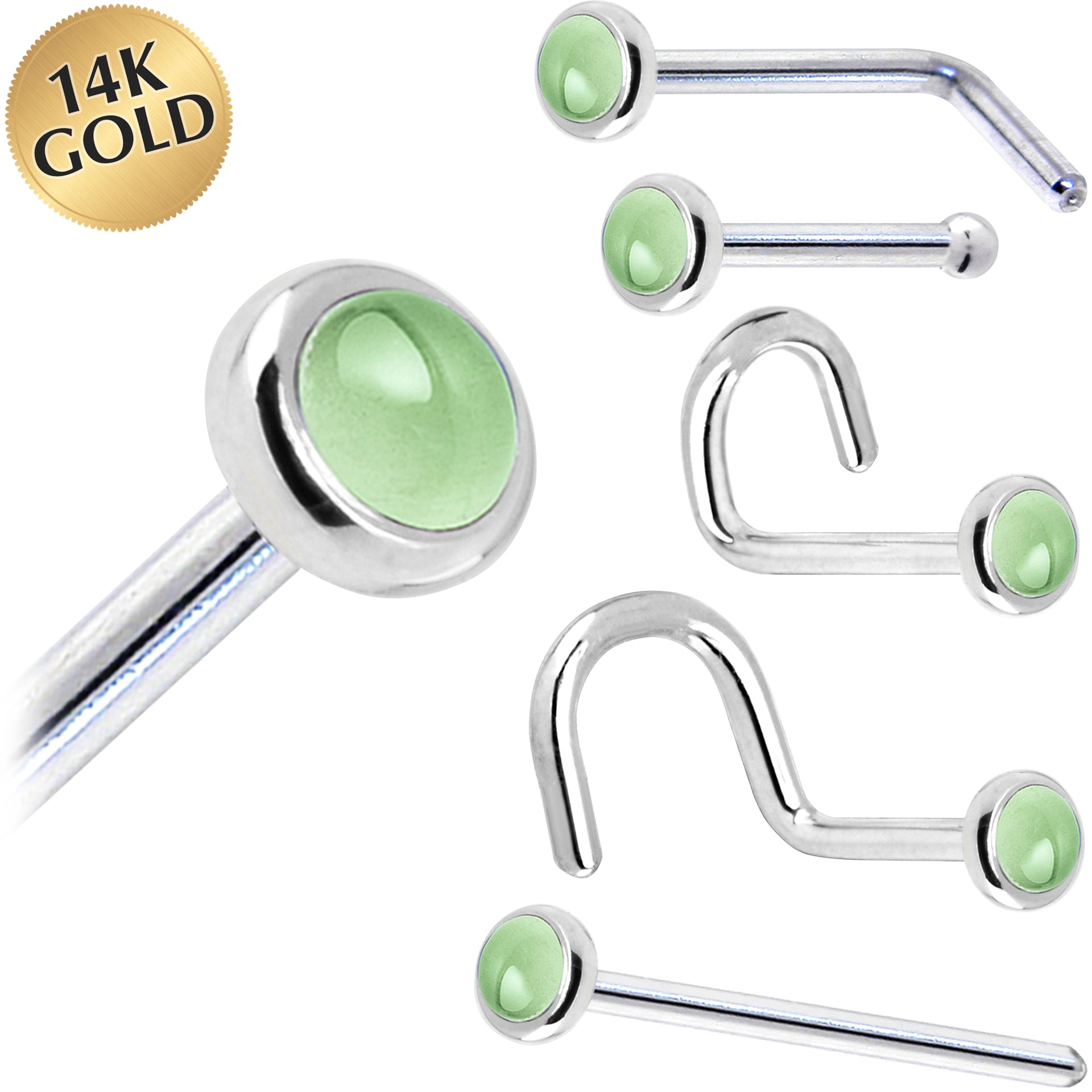 Solid 14KT White Gold 2mm Genuine Peridot Nose Ring August Birthstone 18 Gauge
