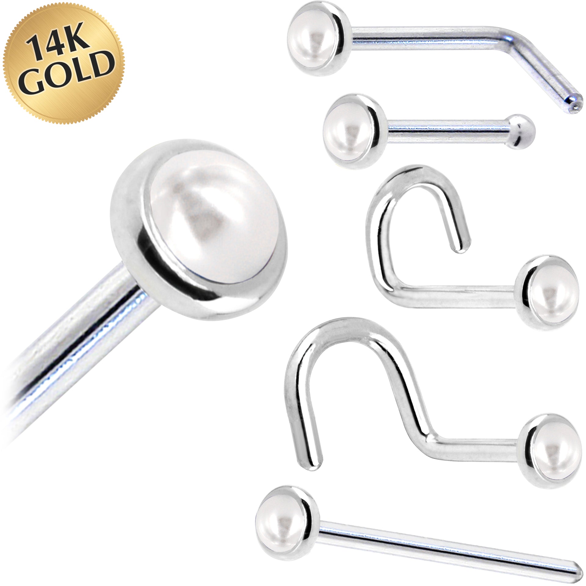 Solid 14KT White Gold June 2mm Cultured Pearl Nose Ring Nose Bone
