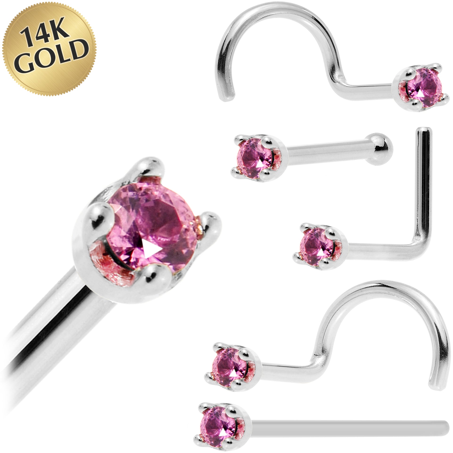 Solid 14KT White Gold October Genuine Pink Sapphire Nose Ring 1.5mm 18 Gauge Nose Bone
