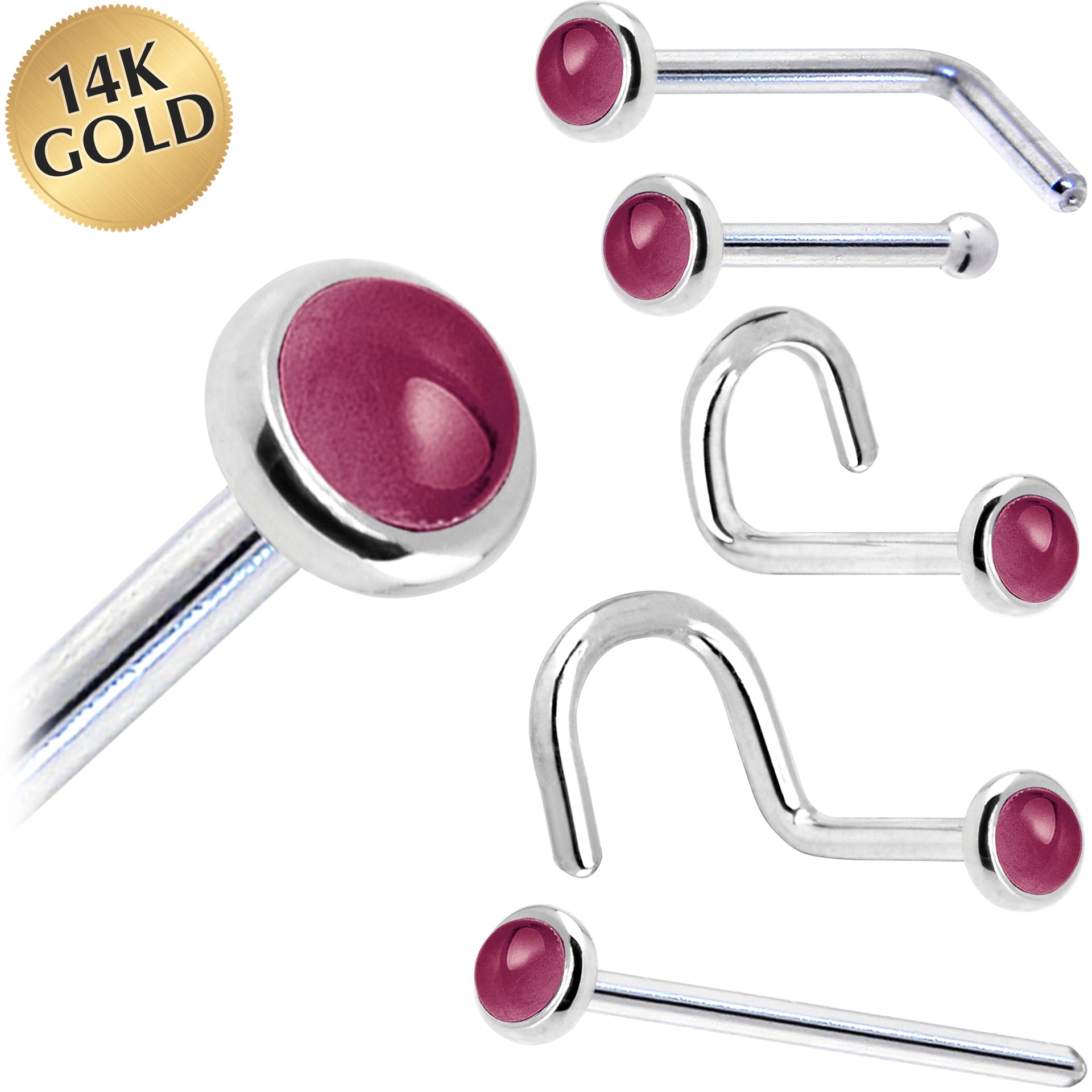 Solid 14KT White Gold 2mm Genuine Raspberry Rhodolite Garnet Nose Ring Nose Bone