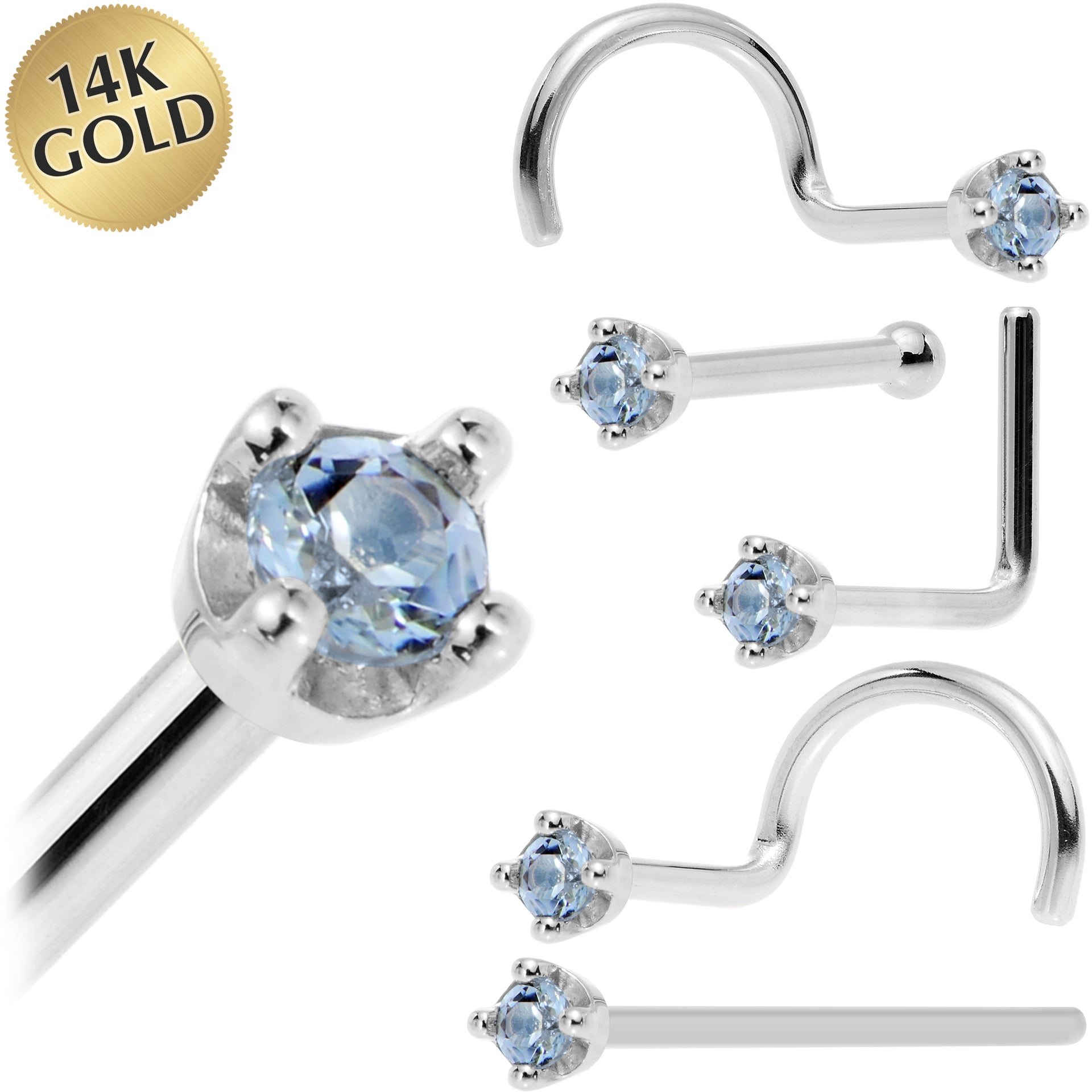 Solid 14KT White Gold December Genuine Topaz Nose Ring 18 Gauge Nose Bone