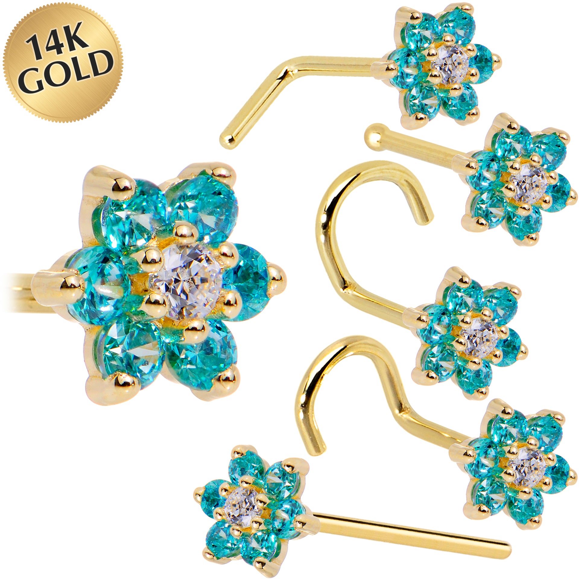 Solid 14KT Yellow Gold Mint Green and Clear Cubic Zirconia Flower Nose Ring 18 Gauge