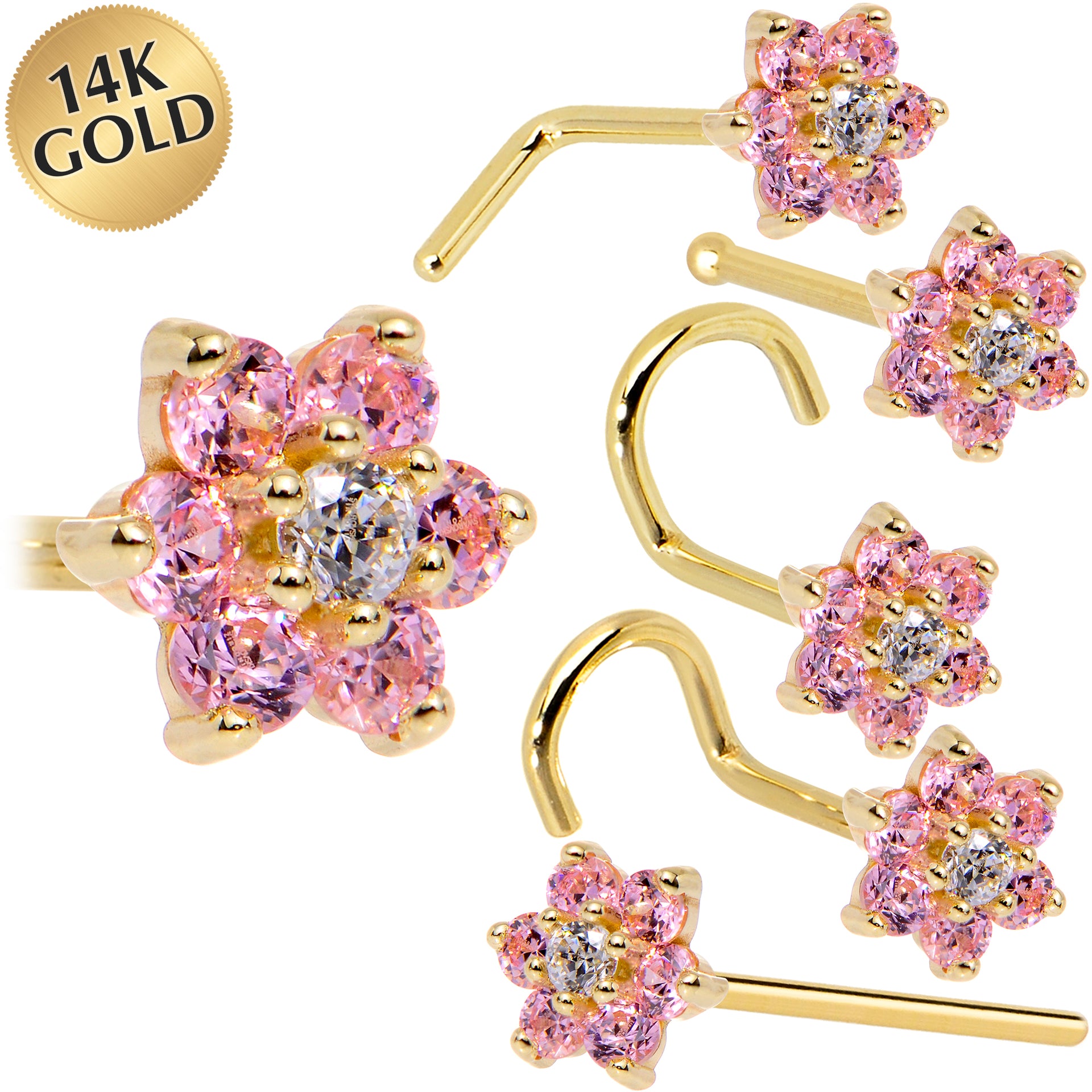 Solid 14KT Yellow Gold Pink and Clear Cubic Zirconia Flower Nose Ring 18 Gauge