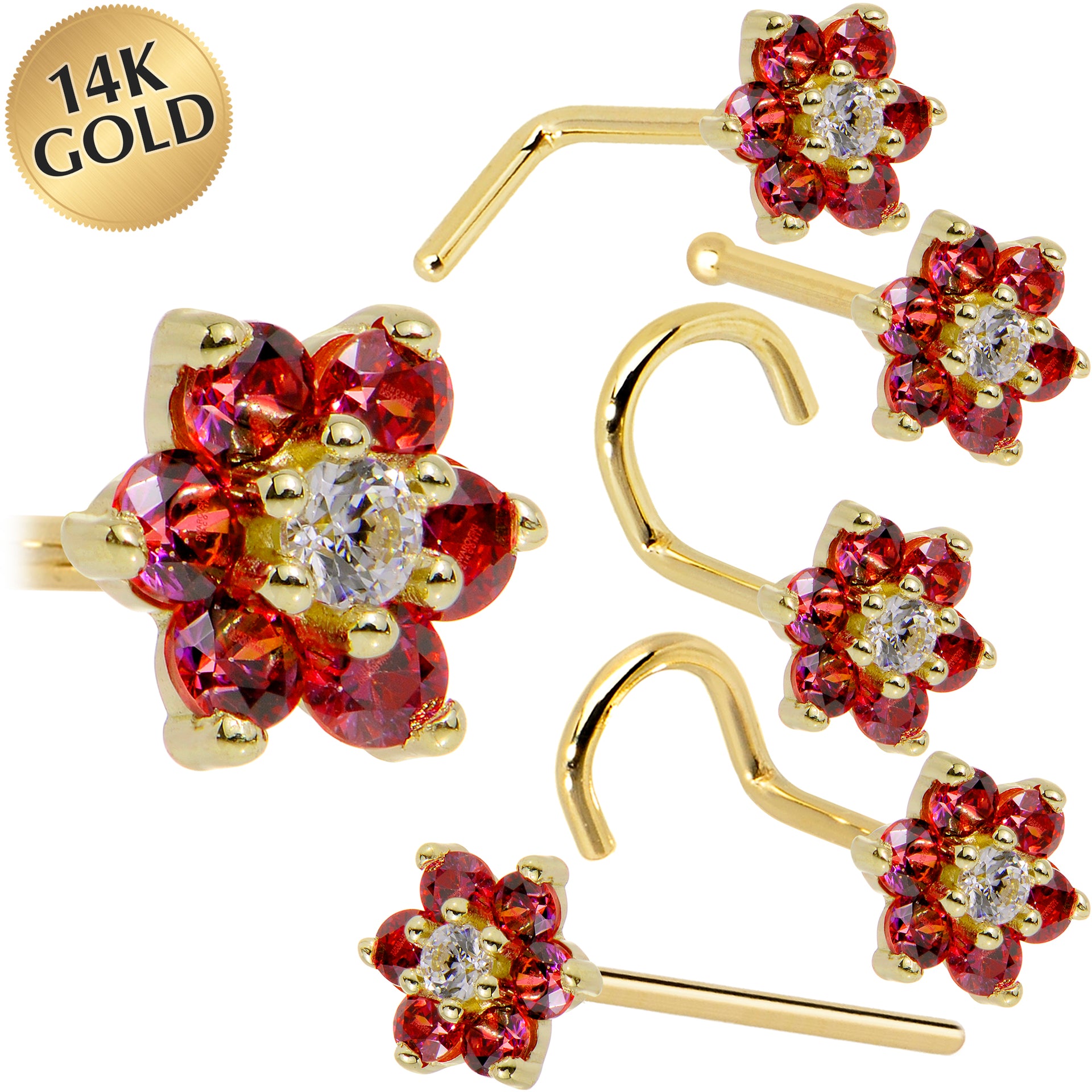 Solid 14KT Yellow Gold Red and Clear Cubic Zirconia Flower Nose Ring 18 Gauge