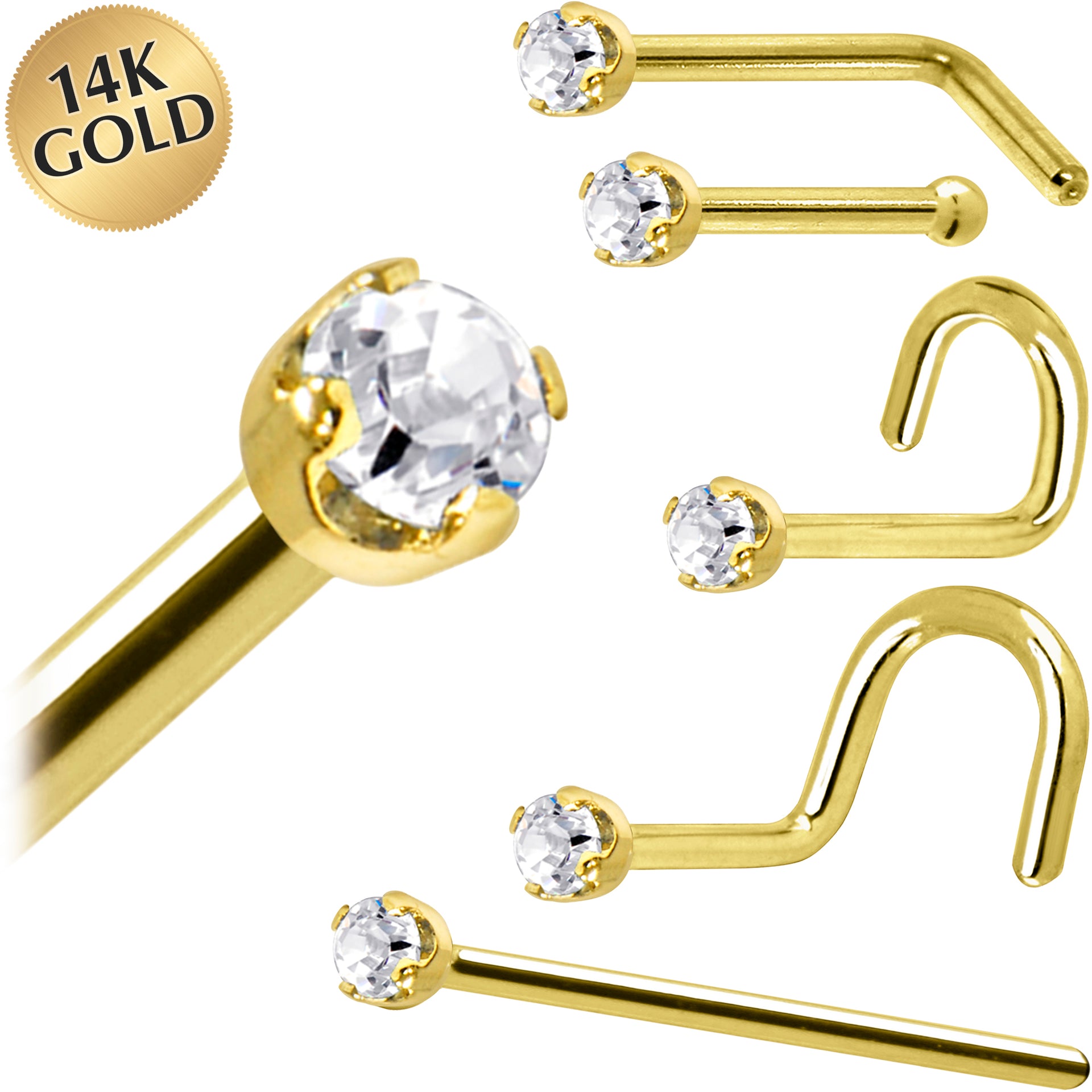 Solid 14KT Yellow Gold 1.5mm Genuine Diamond Nose Ring 18 Gauge Nose Bone