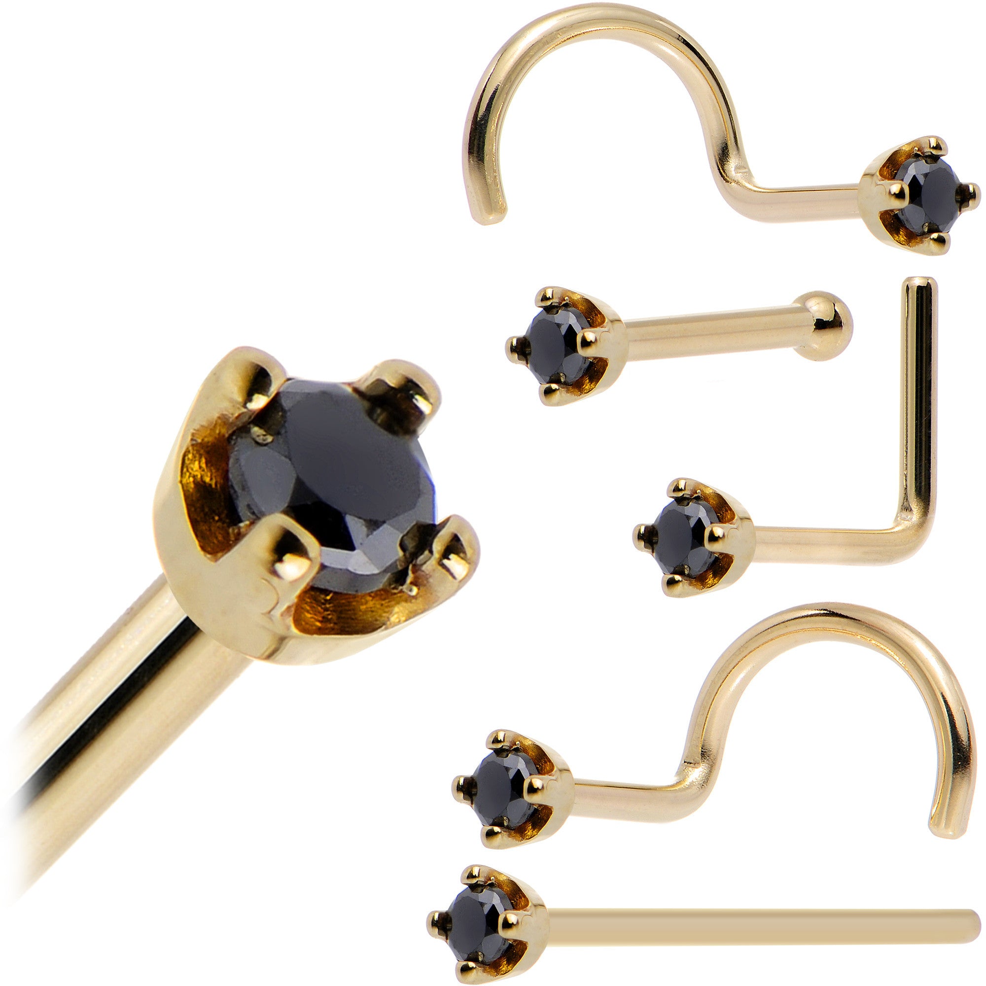 Solid 14KT Yellow Gold 1.5mm Genuine Black Diamond Nose Ring