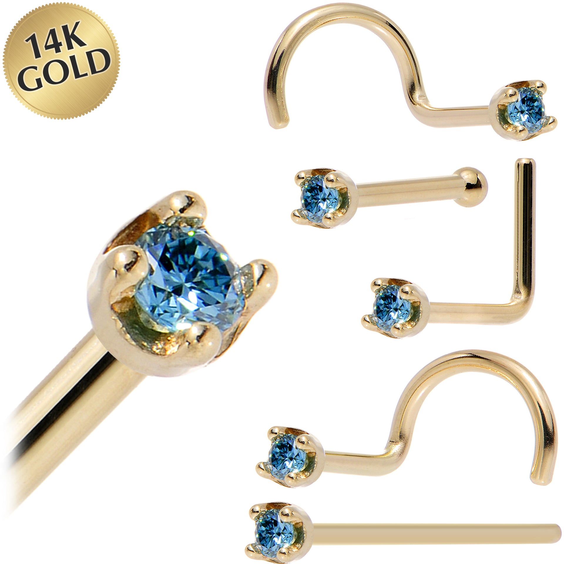 Solid 14KT Yellow Gold September 1.5mm Genuine Blue Diamond Nose Ring Nose Bone
