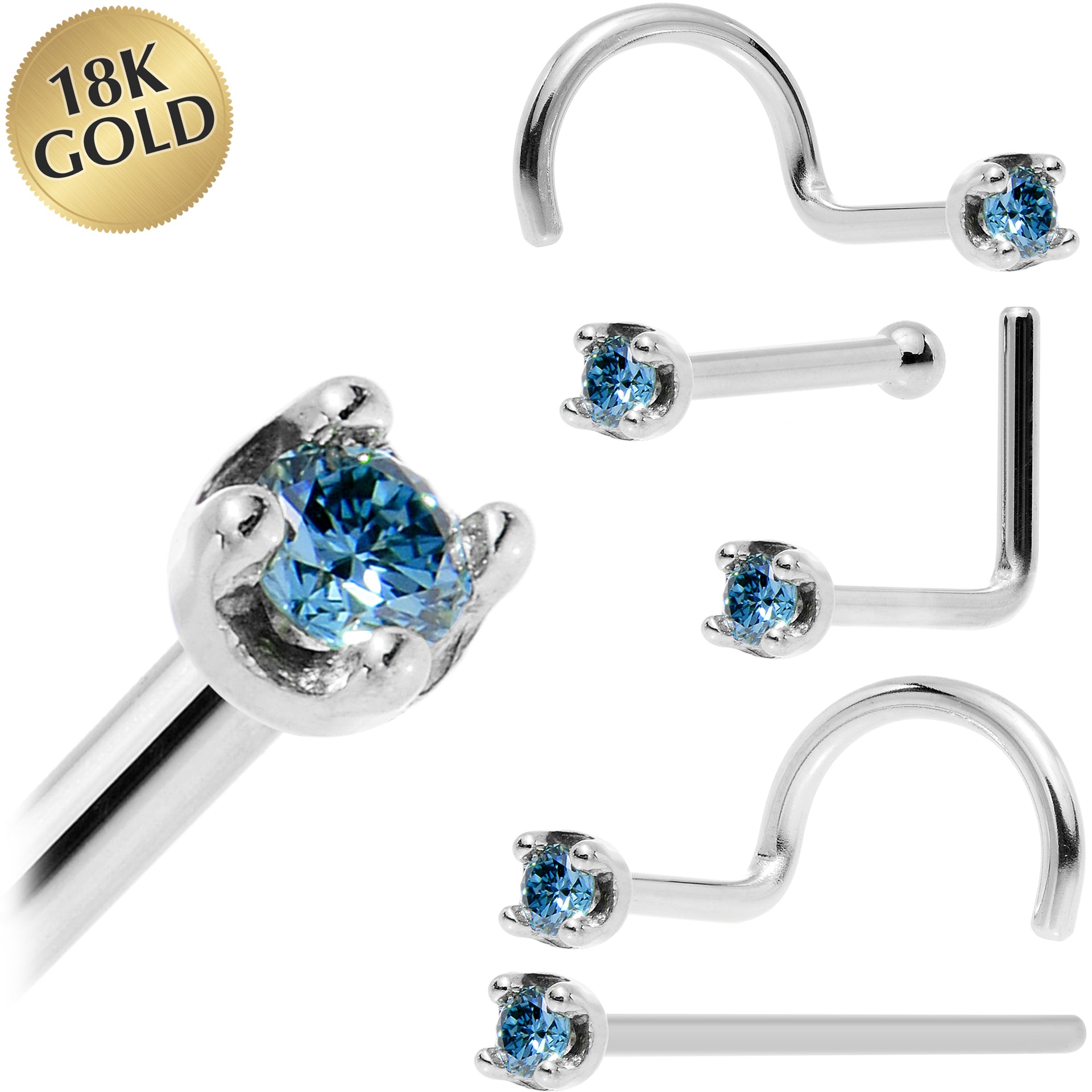 Solid 18KT White Gold 1.5mm Genuine Blue Diamond Nose Ring in 18 Gauge and 20 Gauge