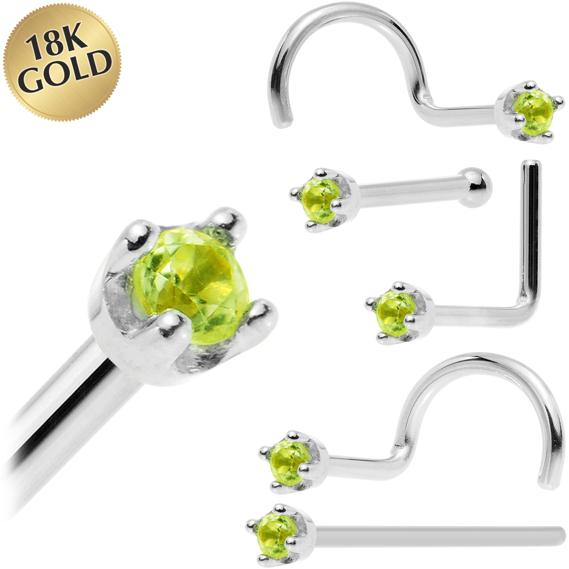Solid 18KT White Gold August Genuine Peridot Nose Ring 1.5mm 18 Gauge