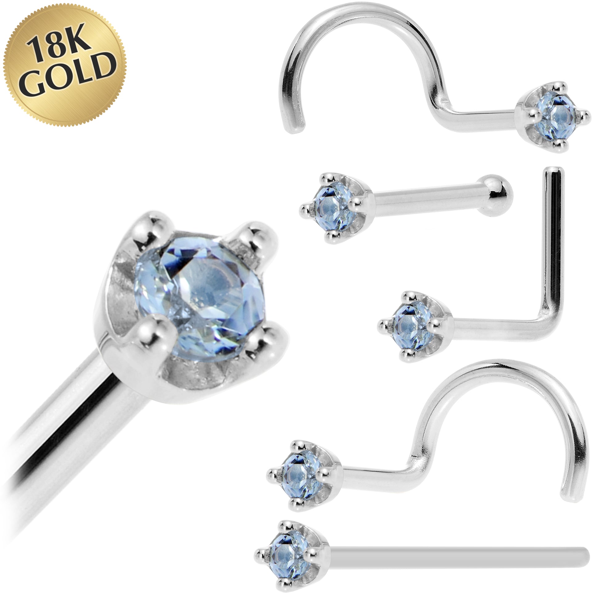 Solid 18KT White Gold December Genuine Topaz Nose Ring 18 Gauge
