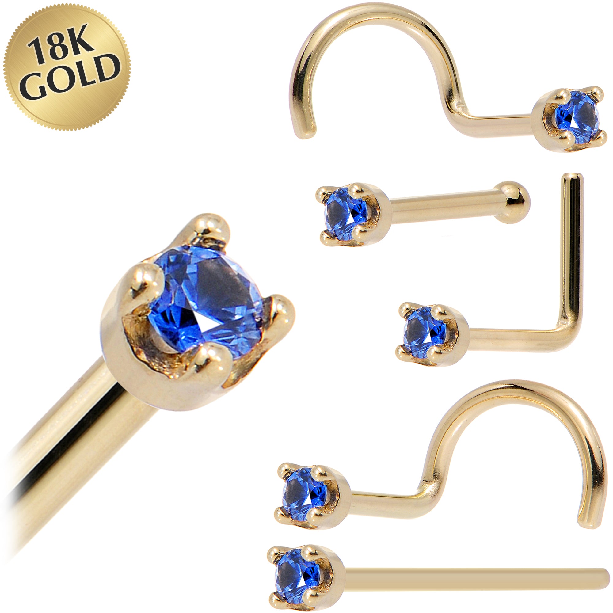 Solid 18KT Yellow Gold Genuine Blue Sapphire Nose Ring 18 Gauge