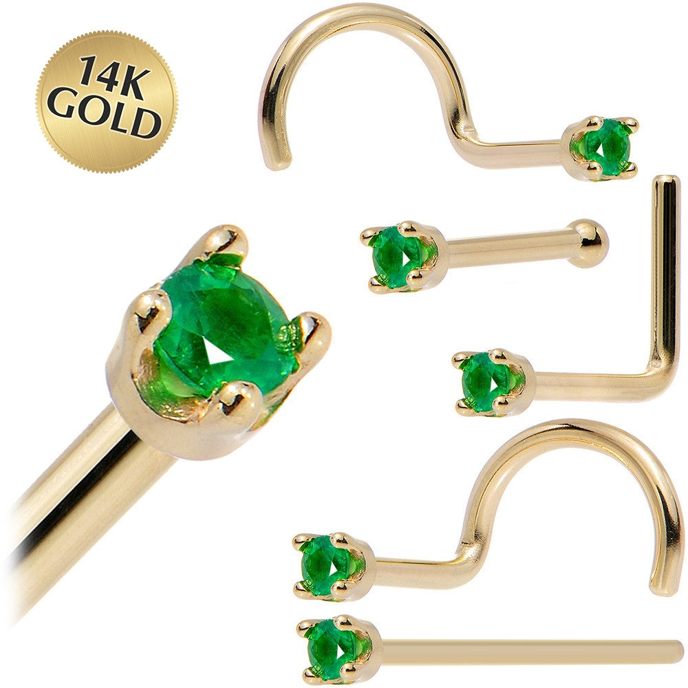 Solid 14KT Yellow Gold May Genuine Emerald Nose Ring 18 Gauge Nose Bone
