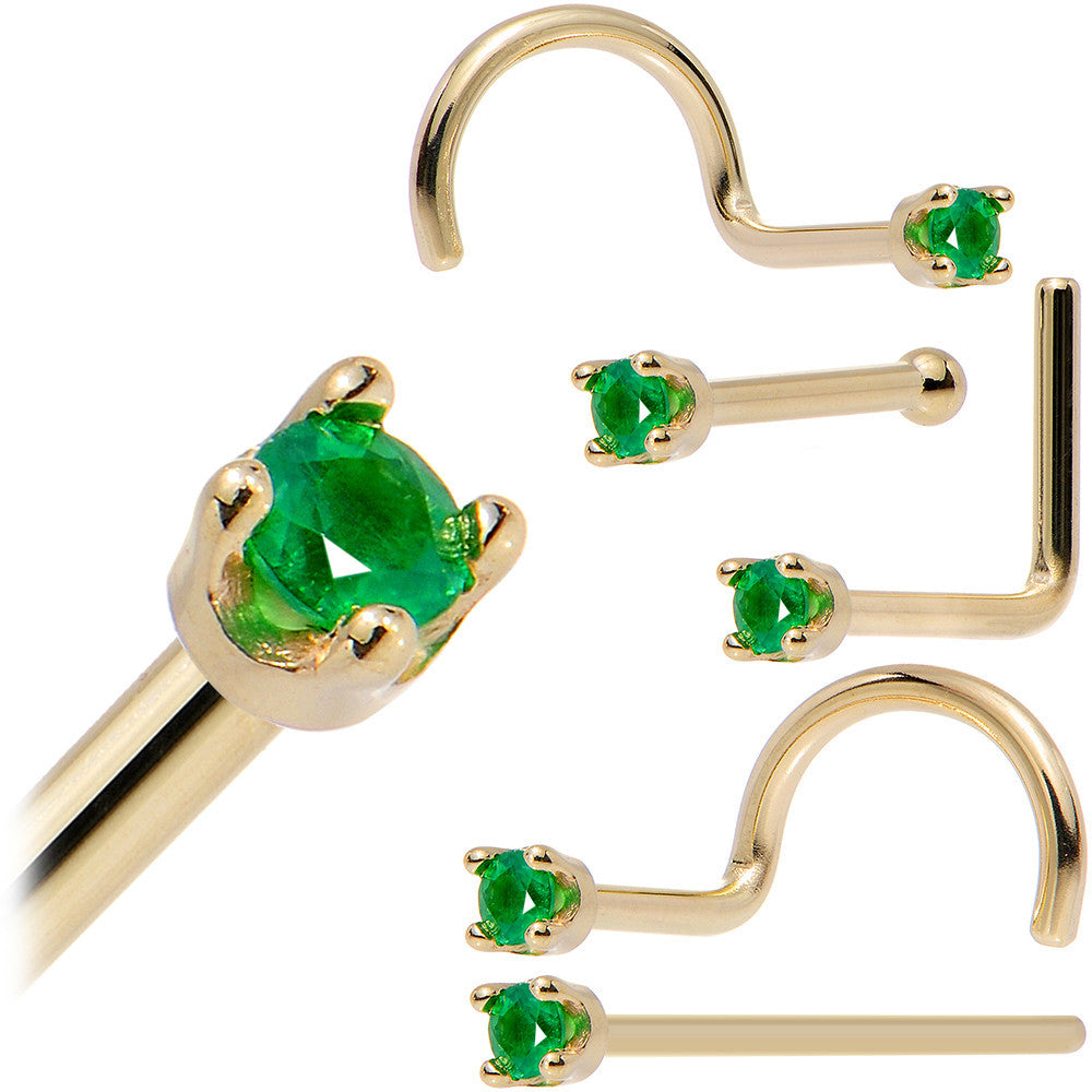 Solid 18KT Yellow Gold (May) 1.5mm Genuine Emerald Nose Ring